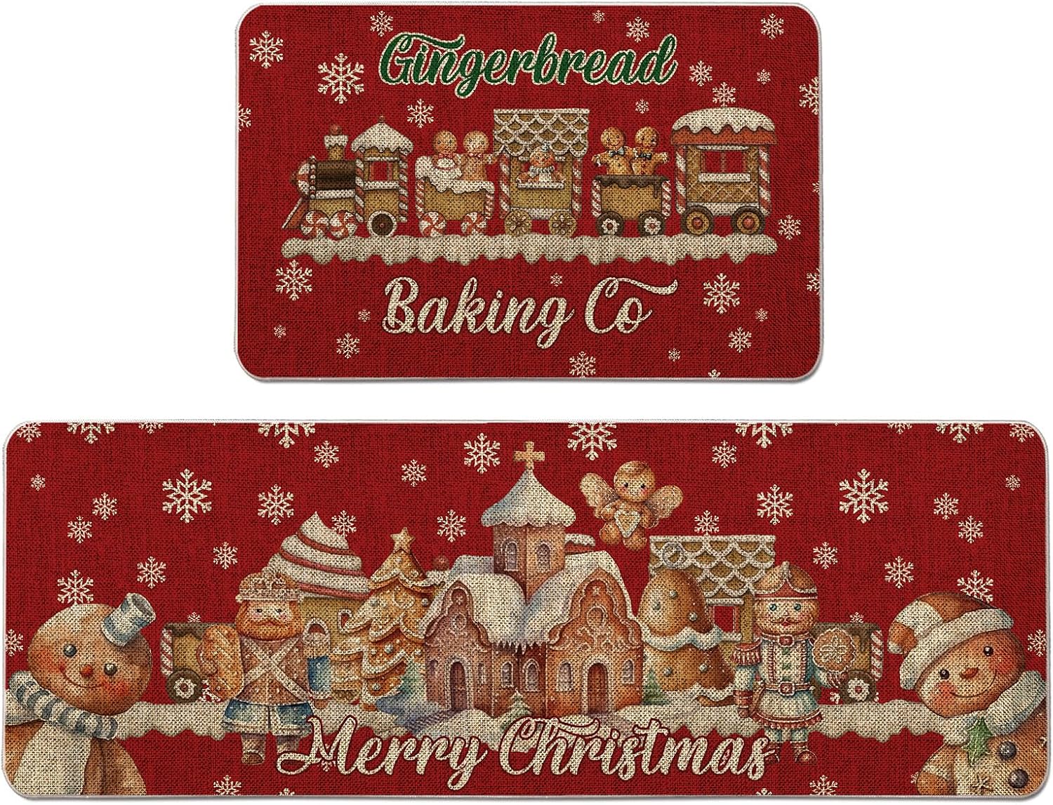 GAGEC Juego de 2 tapetes de cocina de Navidad, diseño de pan de jengibre, color rojo, con texto en inglés “Merry Christmas”, para decoración del