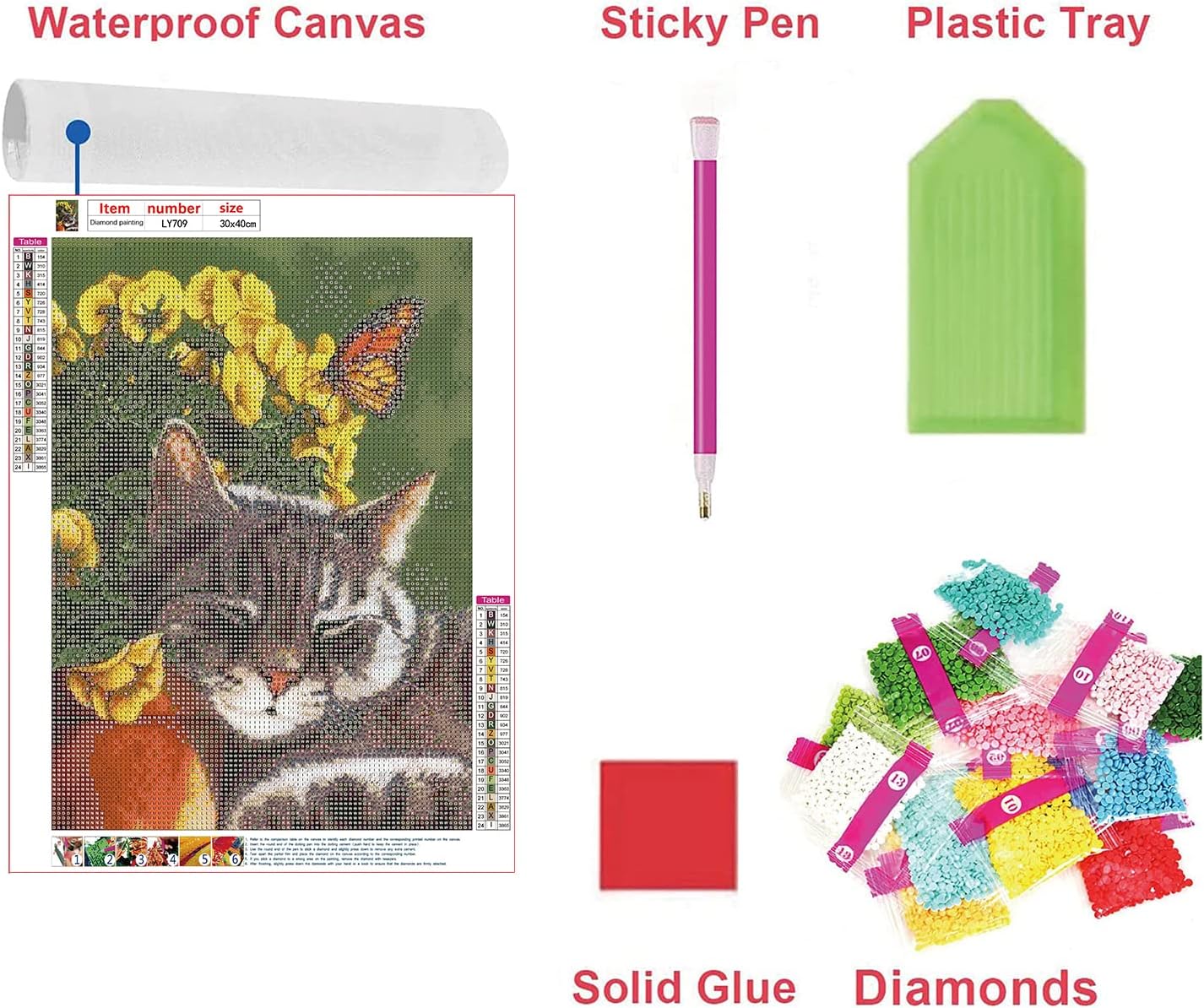 KEOOID Kits de pintura de diamantes de flores para adultos, niños y principiantes, arte redondo con gemas de gato y mariposa con diamantes 5D para