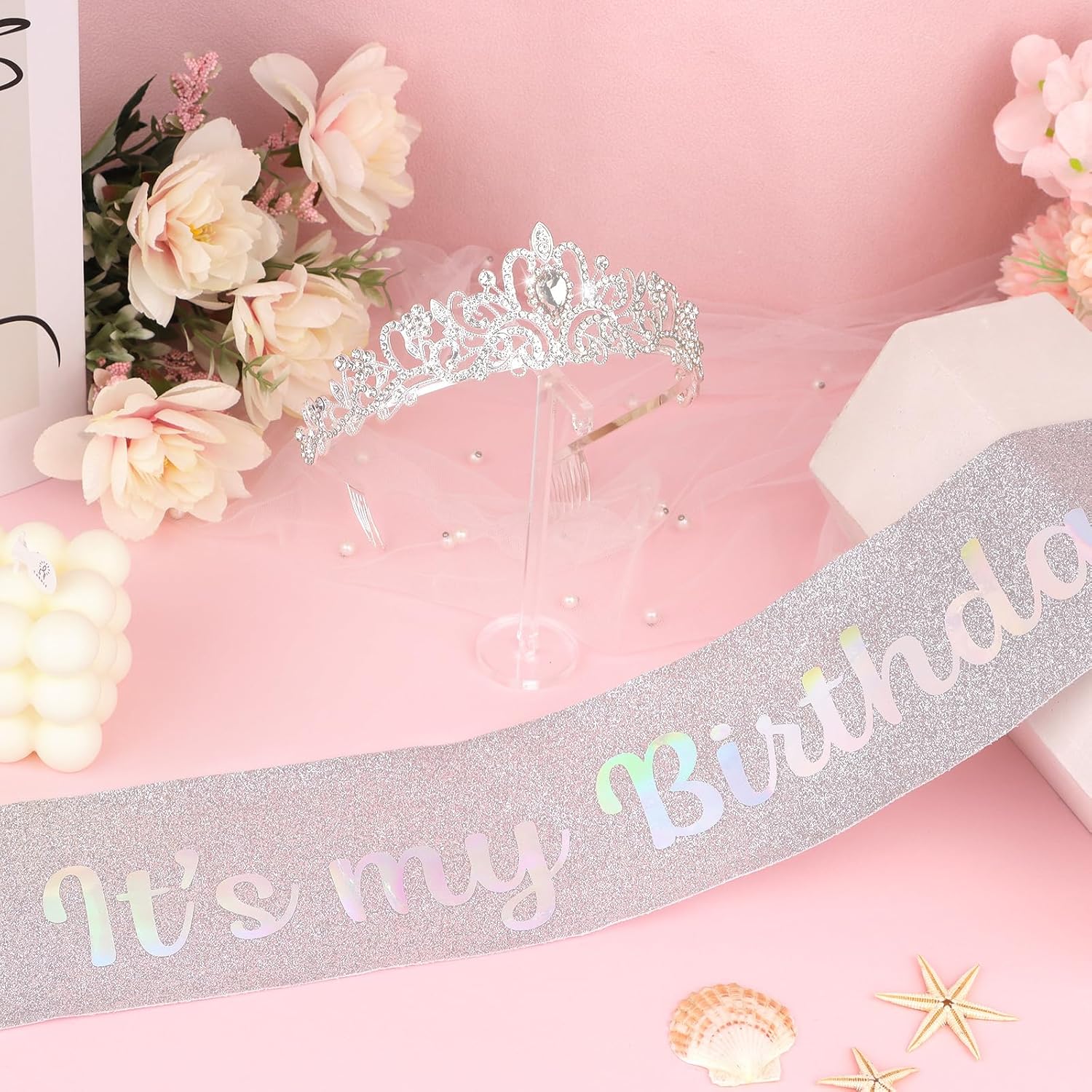 Corona de cumpleaños para mujer, juego de banda y tiara de diamantes de imitación, banda de cumpleaños de princesa y tiara para mujer, decoración de