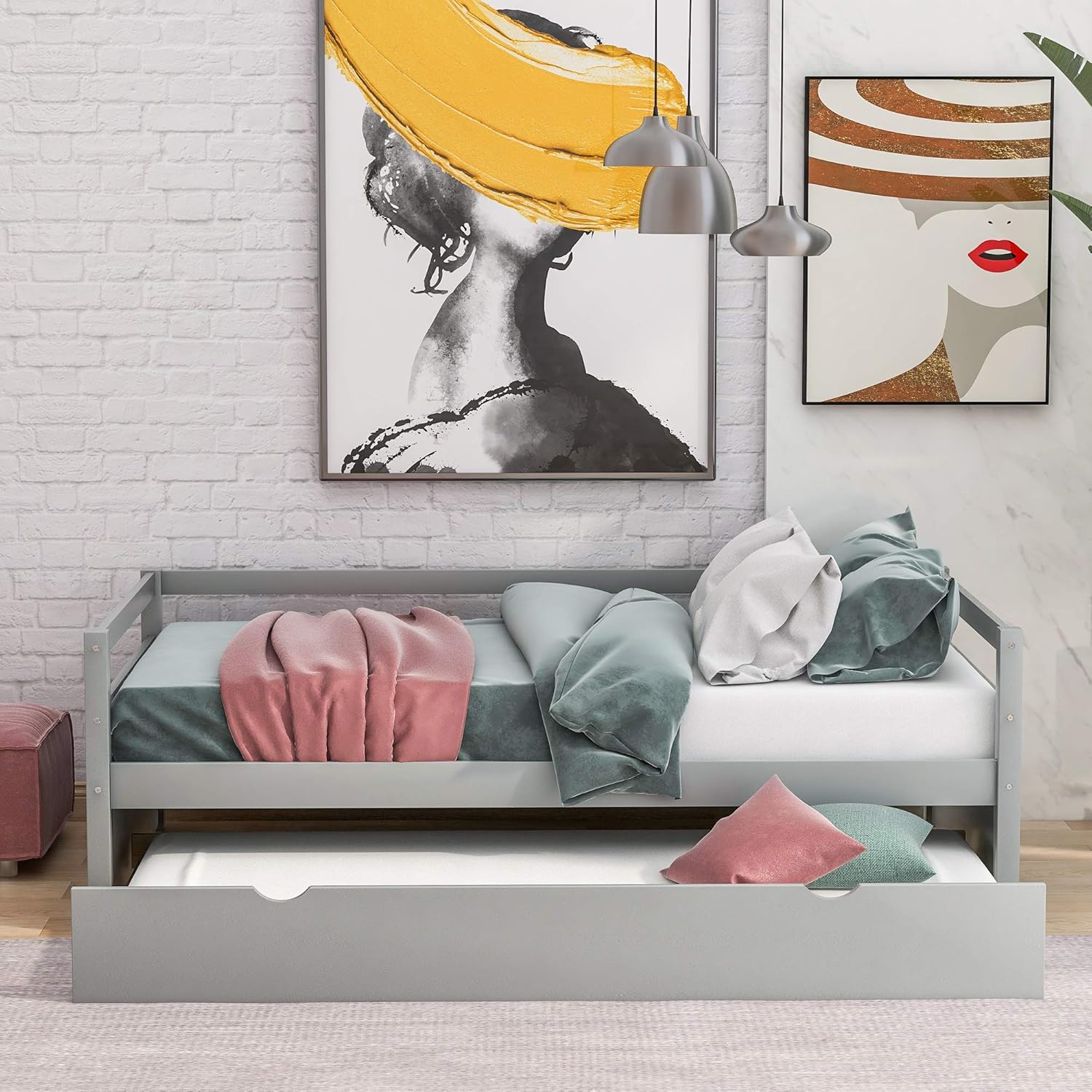 Harper & Bright Designs Sofá cama de madera con nido, sofá cama nido tamaño individual, marco de cama individual estándar, no requiere somier (sofá