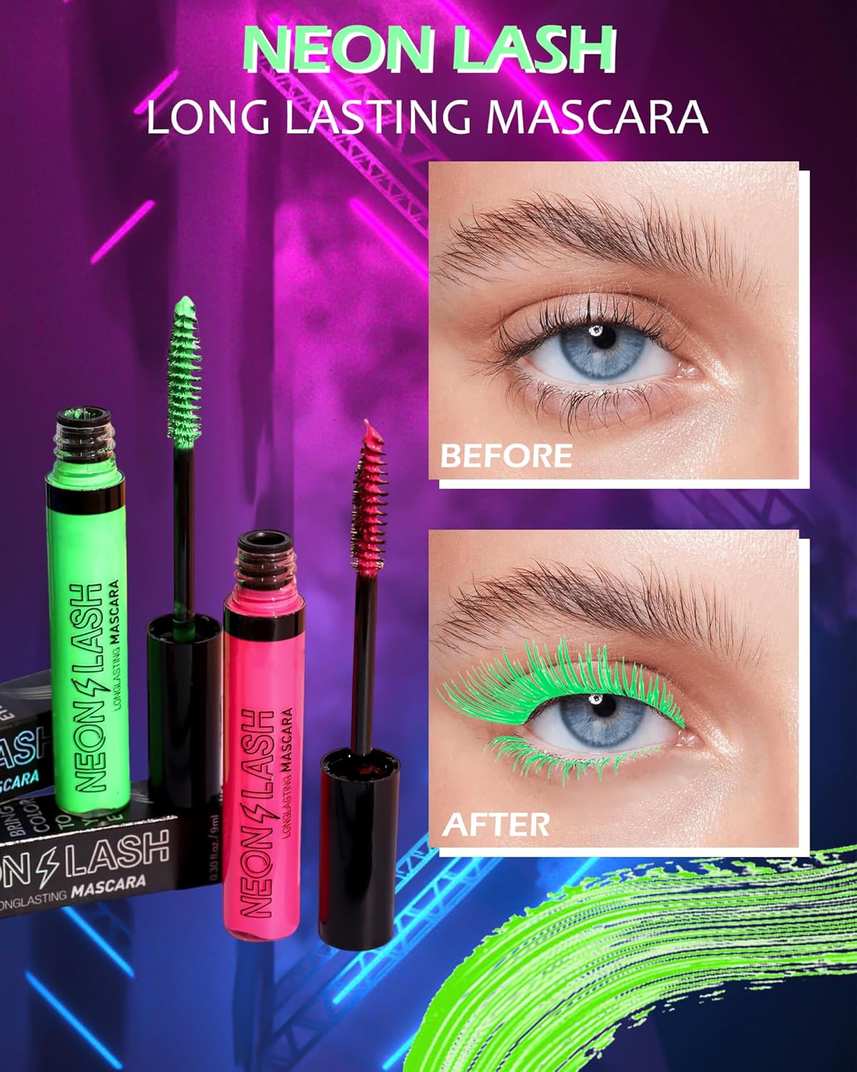 Máscara de pestañas de neón para pestañas, 6 unidades, brillo UV, color luz negra, volumen y longitud, impermeable, a prueba de manchas, larga