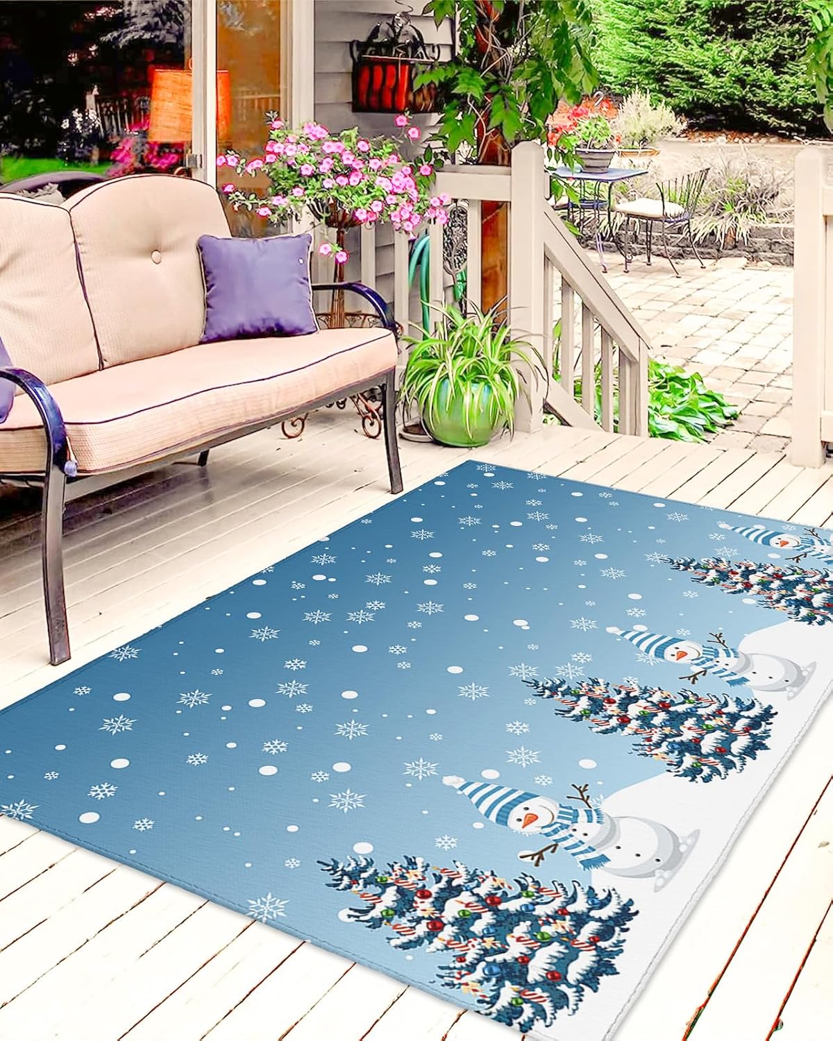 Outdoor Rug Carpet Waterproof 4×6 ft Area Rug, Merry Christmas Snow Xmas Tree Cute Ombre Blue Snowman Snowflake Large Floor Mat for Patio Balcony
