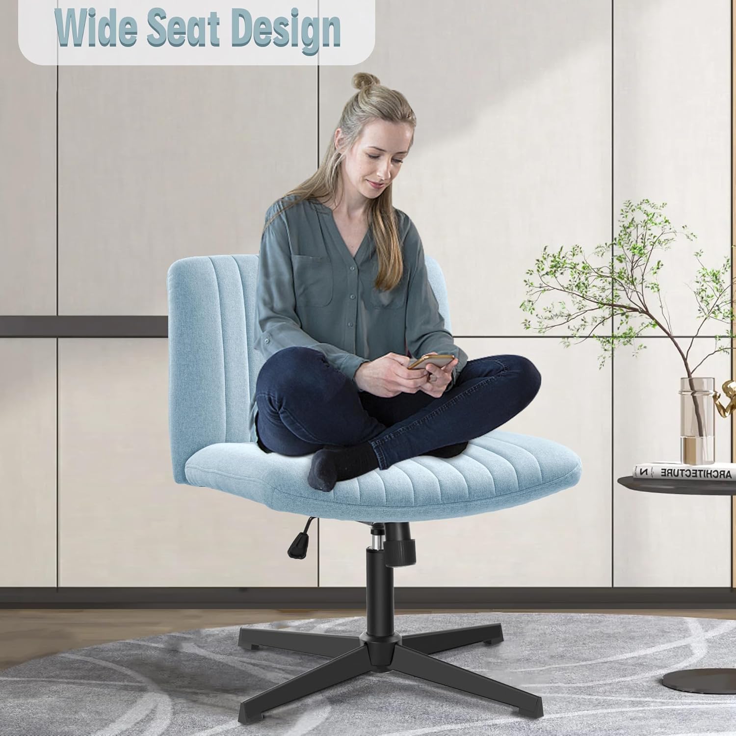 Brick Attic Silla de oficina sin brazos sin ruedas, silla ergonómica de escritorio giratoria, altura ajustable con patas cruzadas, cómoda silla de