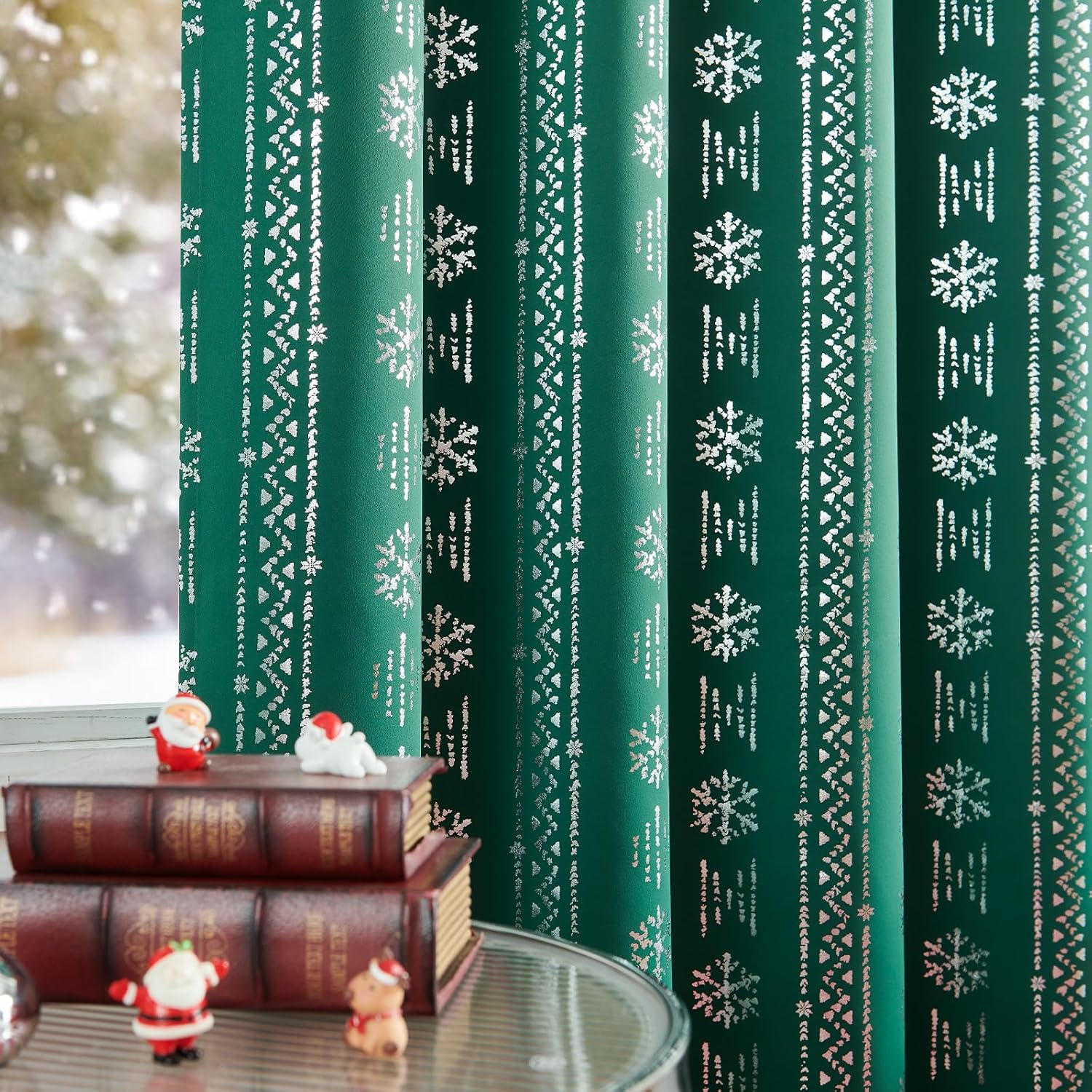 jinchan Cortinas de Navidad con copos de nieve plateados de 84 pulgadas de largo, cortinas bohemias para oscurecer la habitación, cortinas bohemias