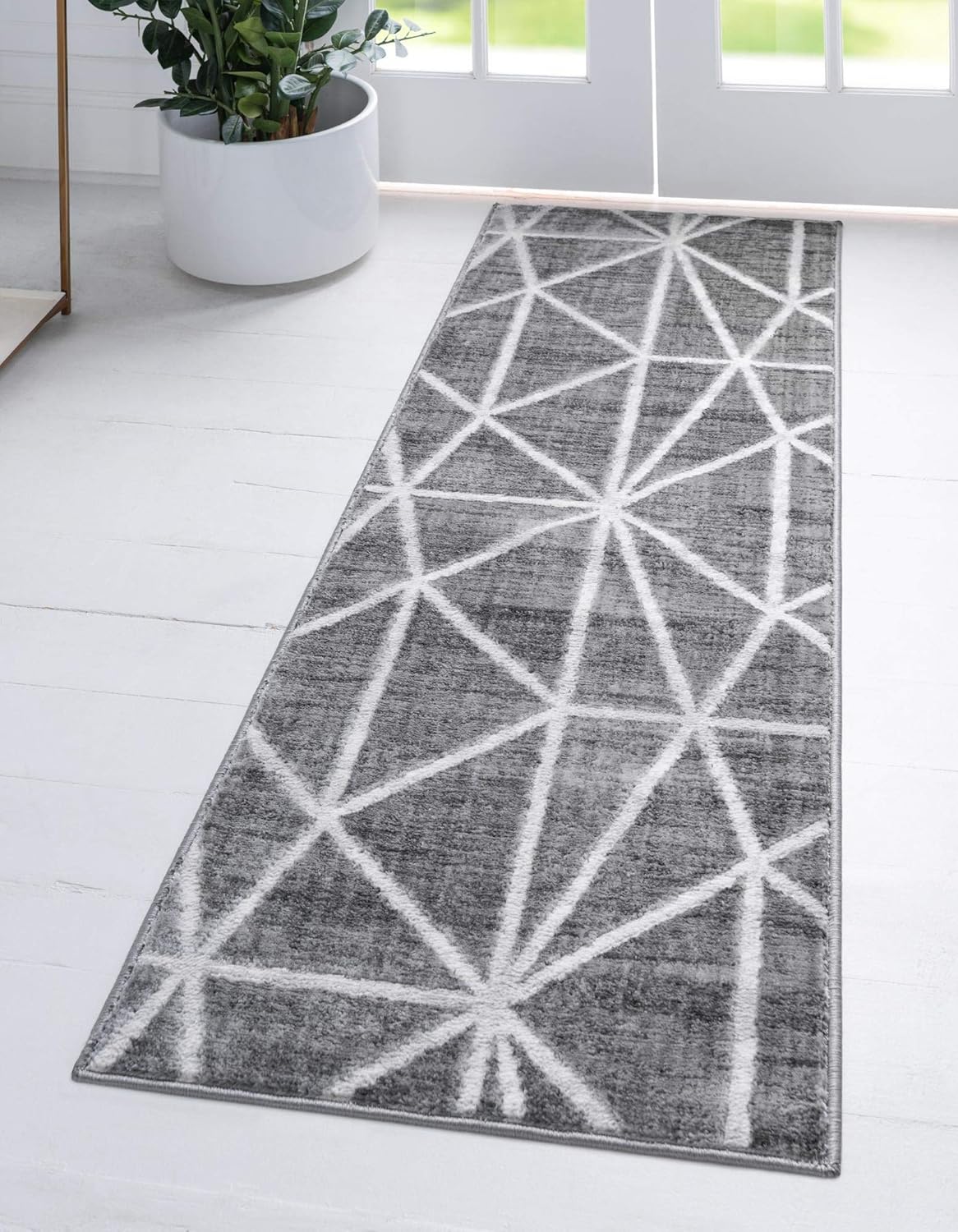 Unique Loom Matrix Trellis Collection – Alfombra geométrica (2 pies 7 pulgadas x 13 pies 1 pulgada, grismarfil)
