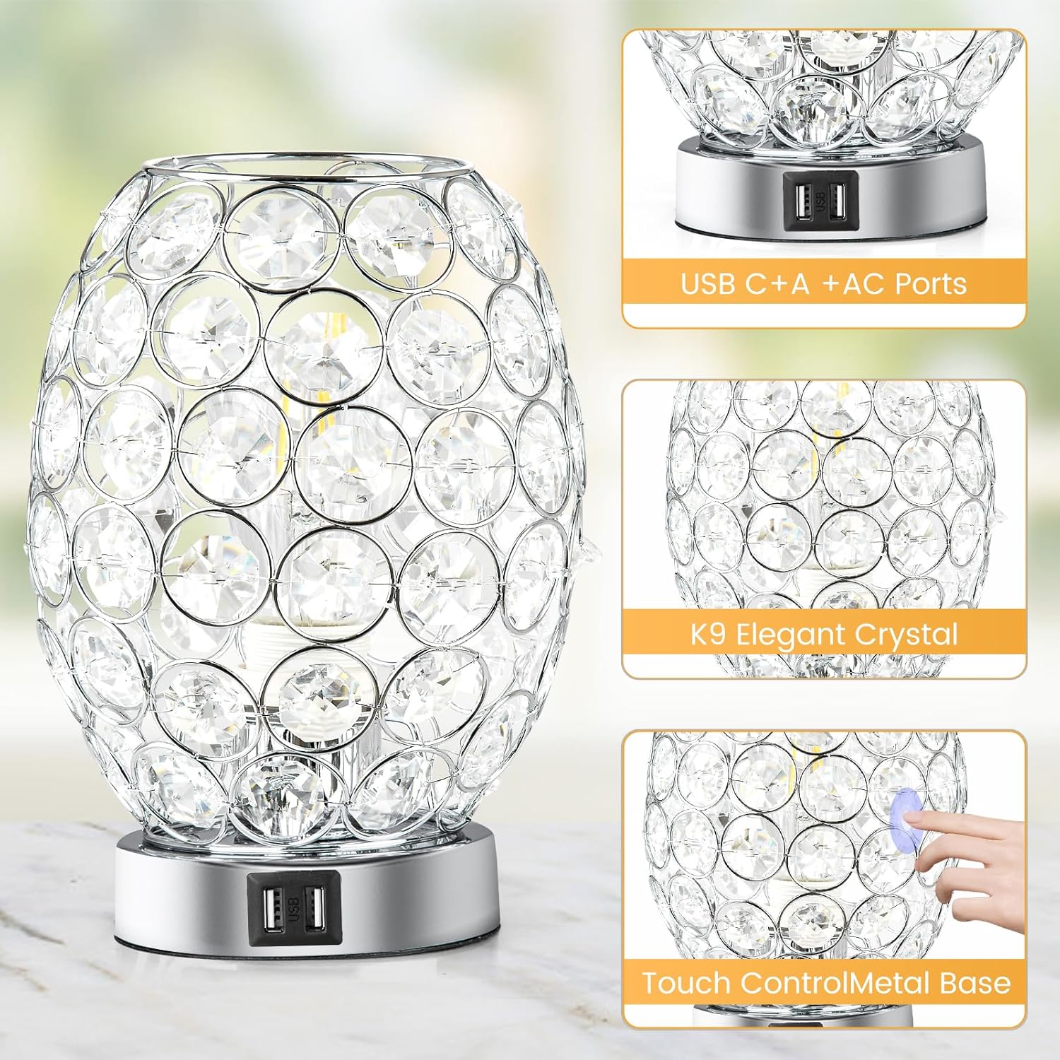 Lámpara de mesa regulable de cristal, lámpara de escritorio con control táctil con 2 puertos USB, lámparas de mesita de noche negras con pantalla de