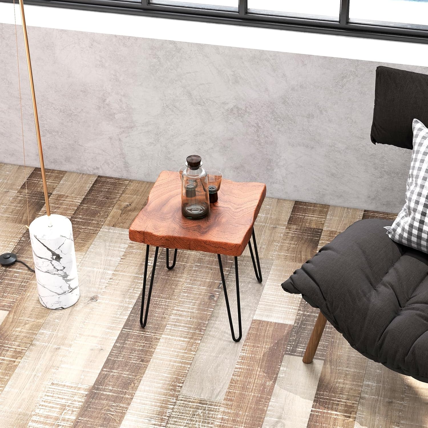 Giantex Mesa auxiliar de madera de teca, mesa auxiliar sólida con borde vivo para exteriores con grano natural y patas de metal resistente, soporte