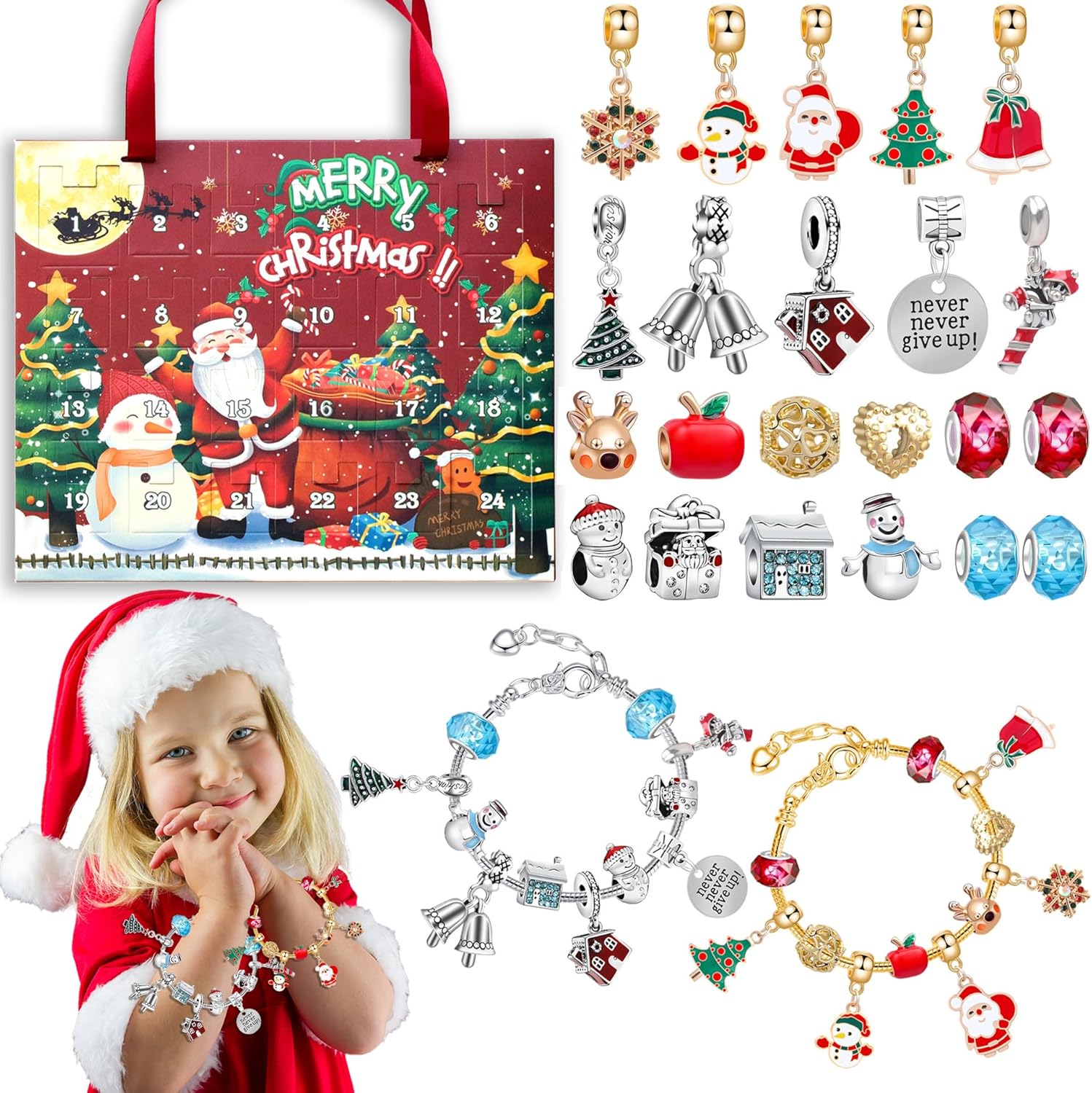 Calendario de Adviento de Navidad 2023 para niñas, juego de 24 pulseras, regalos de Navidad para niños, calendario de cuenta regresiva de 24 días de