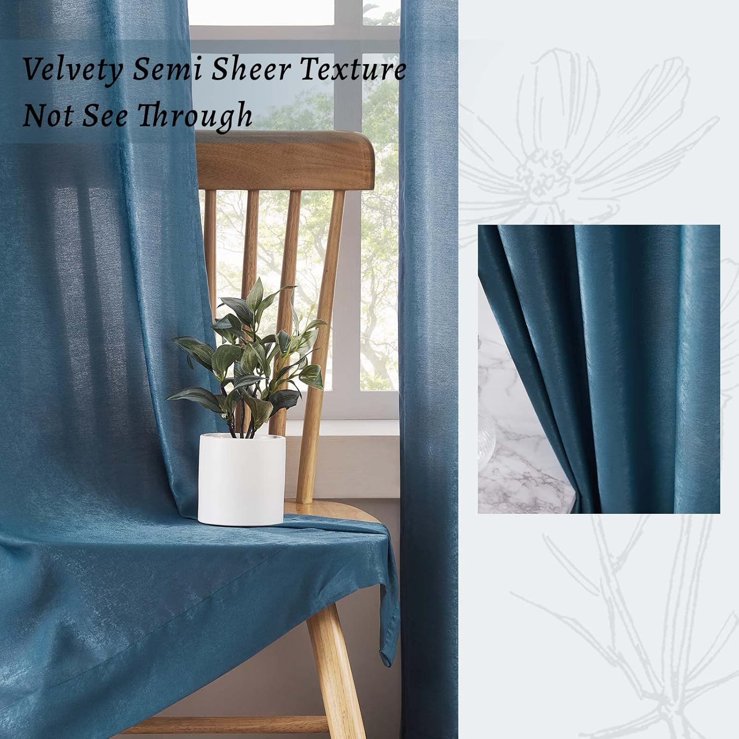 Melodieux Cortinas semitransparentes aterciopeladas azul oscuro de 84 pulgadas de largo para dormitorio, sala de estar, textura de algodón natural,