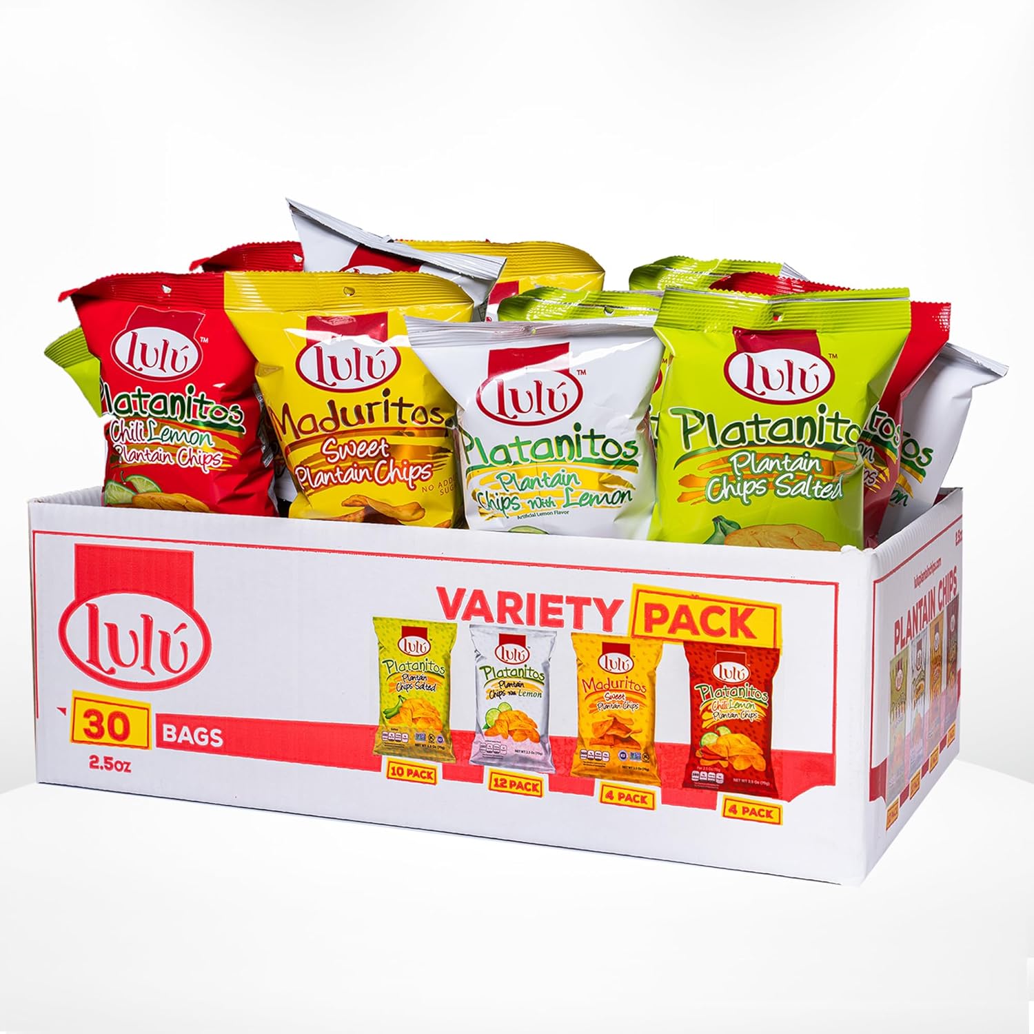 Lulu Caja variada de papas fritas de plátano, 30 bolsas surtidas, 12 limón, 10 saladas, 4 chiles, 4 dulces, veganas, 2.5 onzas, siempre crujientes