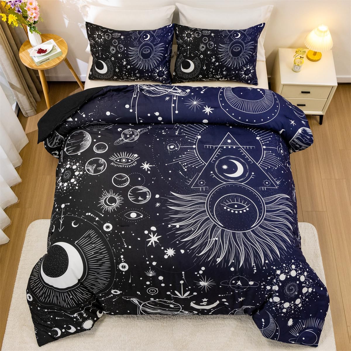 Holawakaka Juego de edredón con estampado de constelaciones de estrellas, luna, tamaño individual, para niñas y niños, juego de ropa de cama con