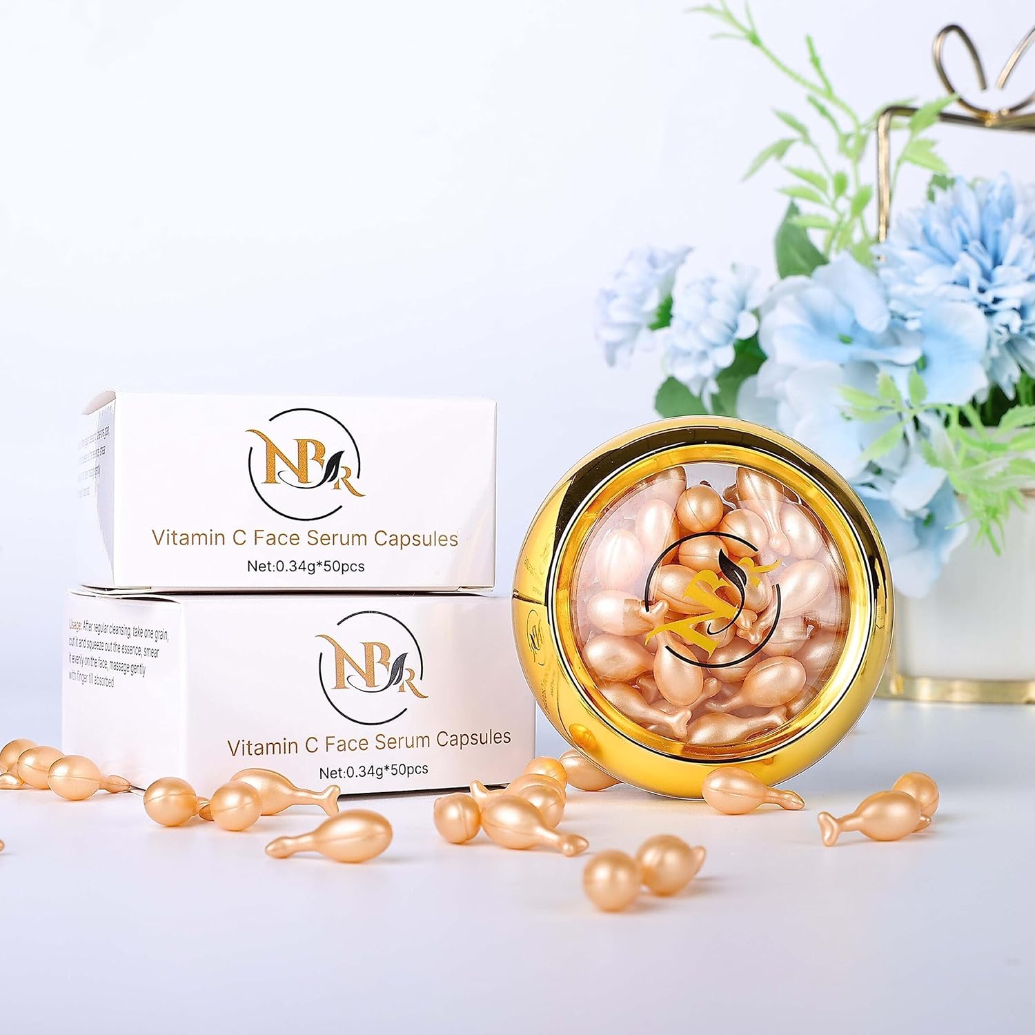 NBR Suero facial de vitamina C, 50 cápsulas, cuidado de la piel antienvejecimiento para arrugas profundas, líneas finas, ojeras y tono de piel