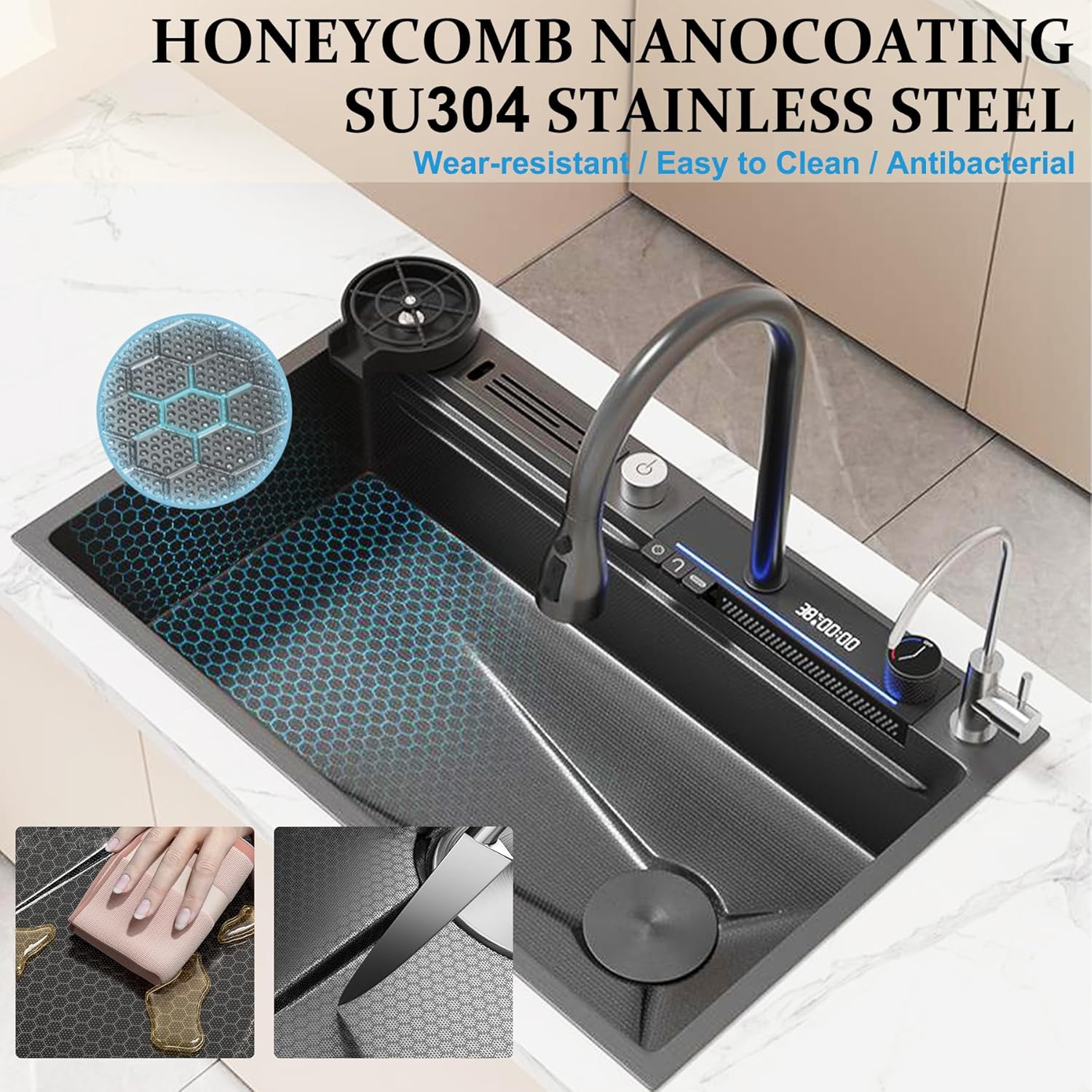 Fregadero de cocina negro de acero inoxidable de 31.5 pulgadas, fregadero con estación de trabajo, fregadero de nano lujo en cascada de panal de