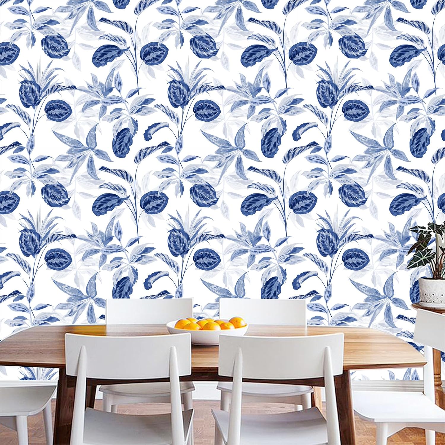 Papel tapiz floral de hoja de palmera, azul marino y blanco, papel tapiz tropical para despegar y pegar, papel tapiz de contacto con la selva, hojas