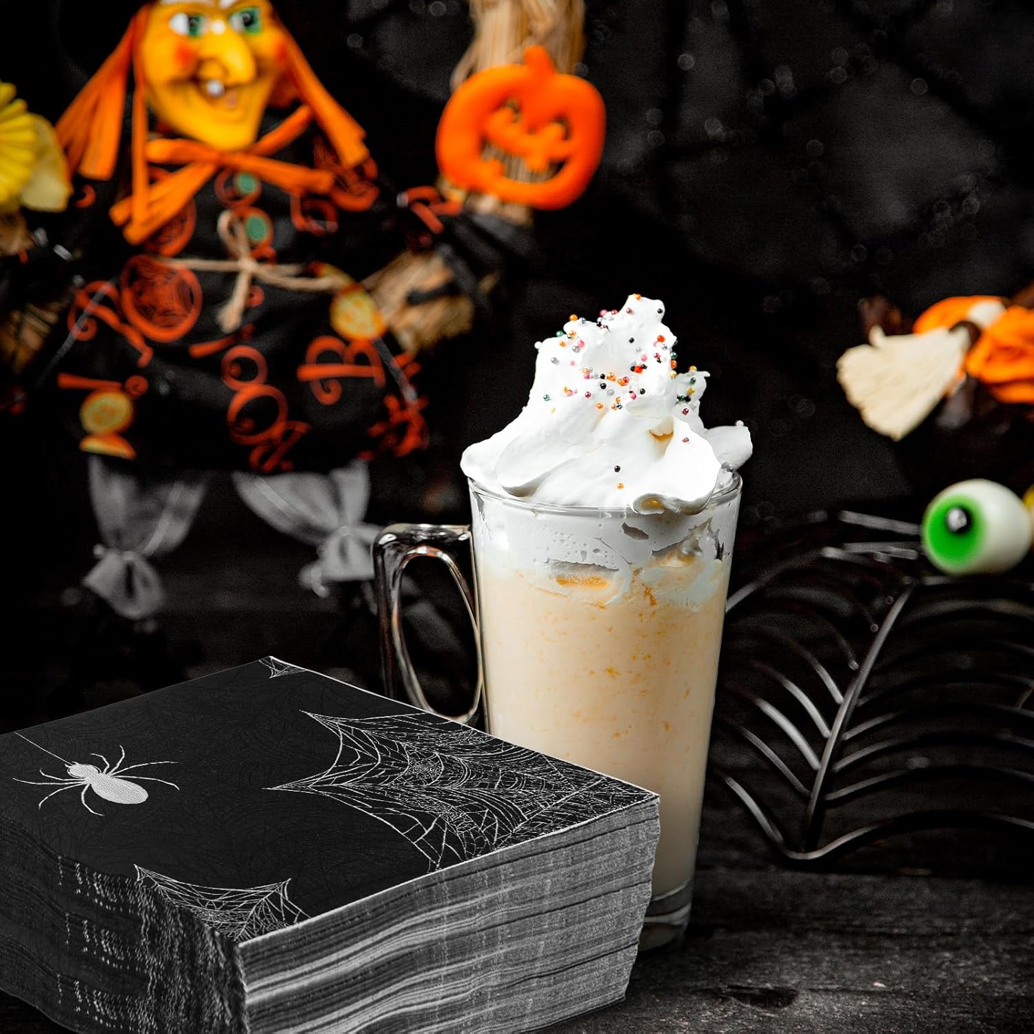AnyDesign Paquete de 80 servilletas de papel de Halloween de 6.5 x 6.5 pulgadas, servilletas de papel de telaraña negras y blancas, servilletas de