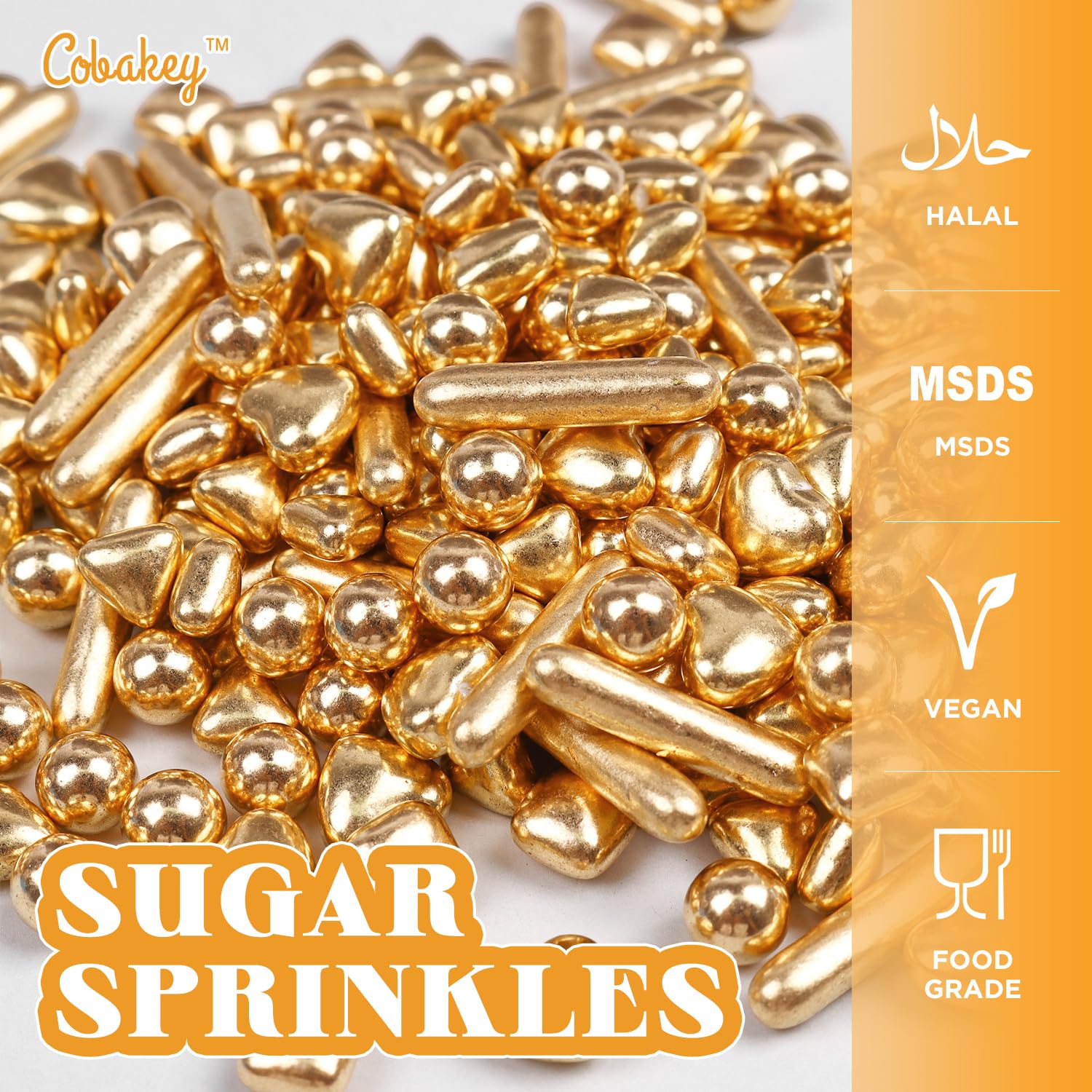 Cobakey Gránulos dorados brillantes para decoración de pasteles, 3.52 onzas, perlas doradas de azúcar para cupcakes, bodas, fiestas, San Valentín,