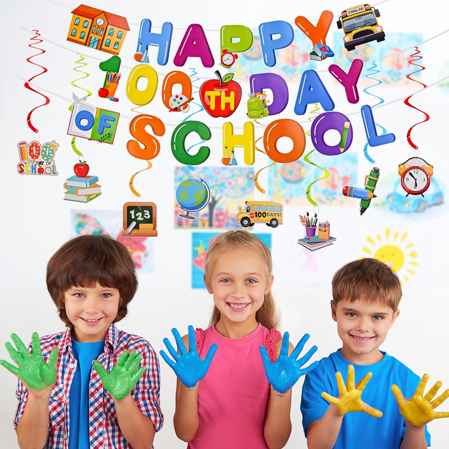 Abitoncc Decoración colorida para fiesta de 100 días de escuela, cartel de celebración de 100 días de escuela, espirales colgantes para aula,