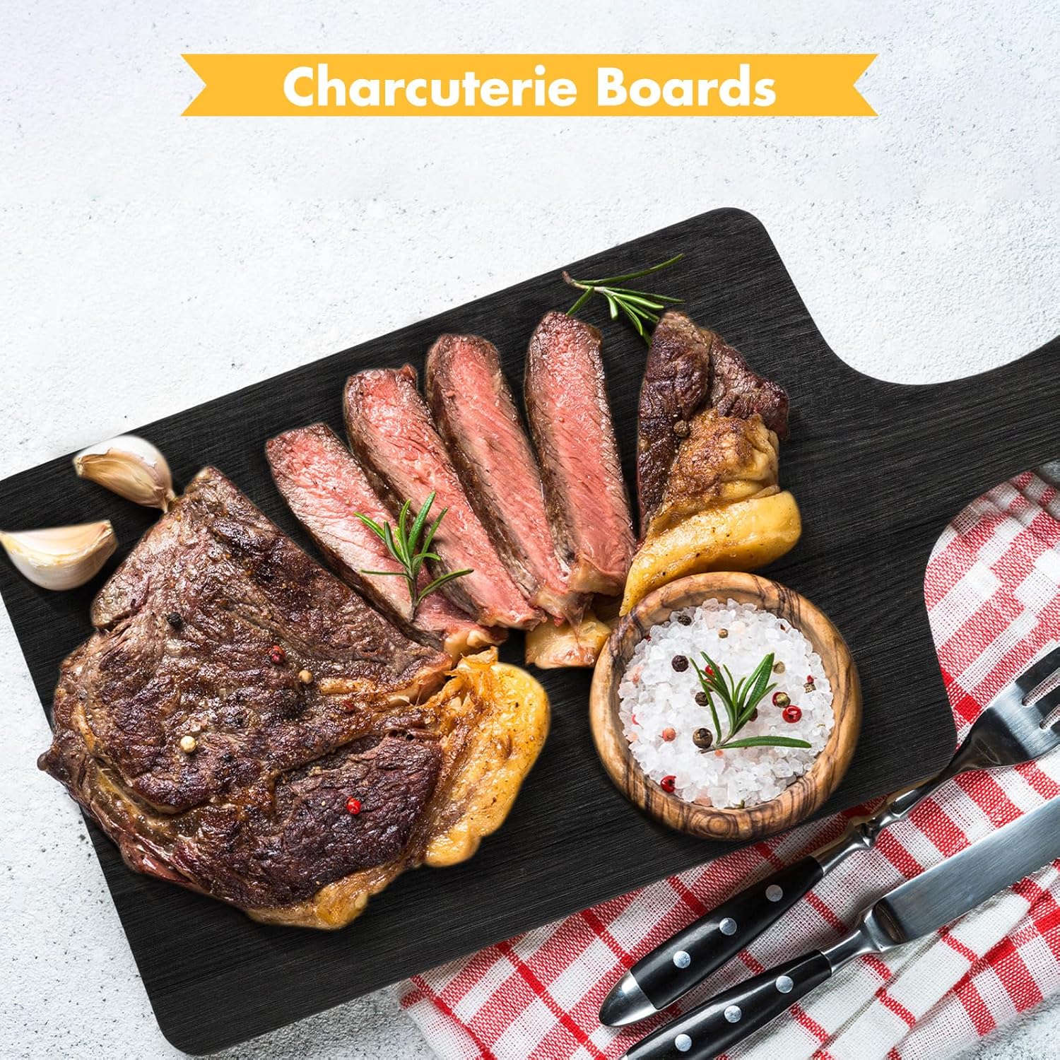 Paquete de 3 tablas de cortar de madera de acacia negra con asa, tablas de servir de pizza de madera, bandeja de charcutería, tabla de cortar para