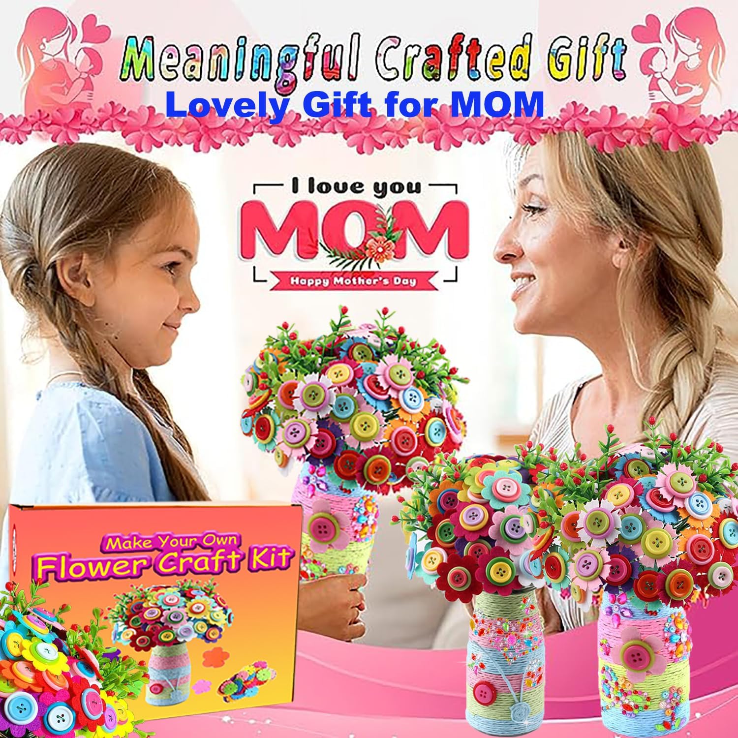 Korilave Manualidades para niñas de 6 a 8 años, haz tu propio ramo de flores con botones y flores de fieltro, arte y manualidades para niños de 8 a