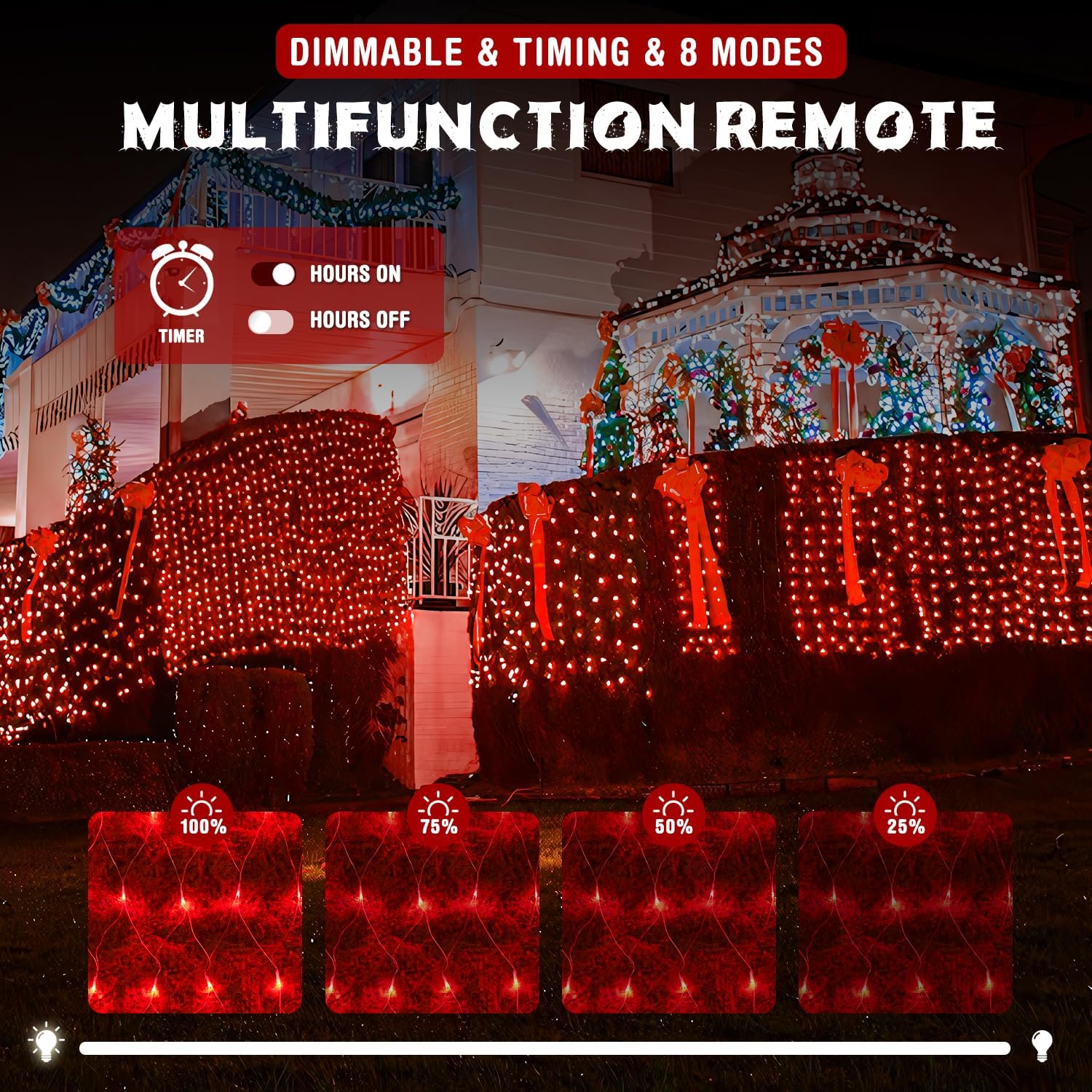JMEXSUSS 200 luces LED rojas de red de Navidad, 9.8 pies x 6.6 pies, luces de arbusto de Navidad conectables con control remoto, 8 modos de enchufe,