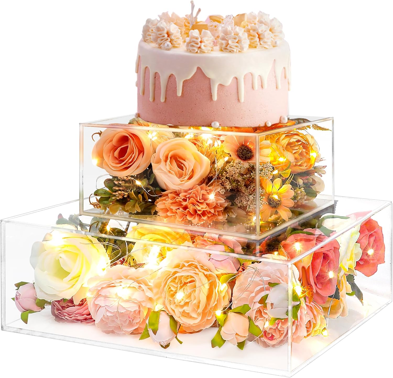 Soporte de acrílico transparente para tartas, 2 piezas, soporte cuadrado para tartas con tapa, soporte acrílico para tartas, elevador transparente