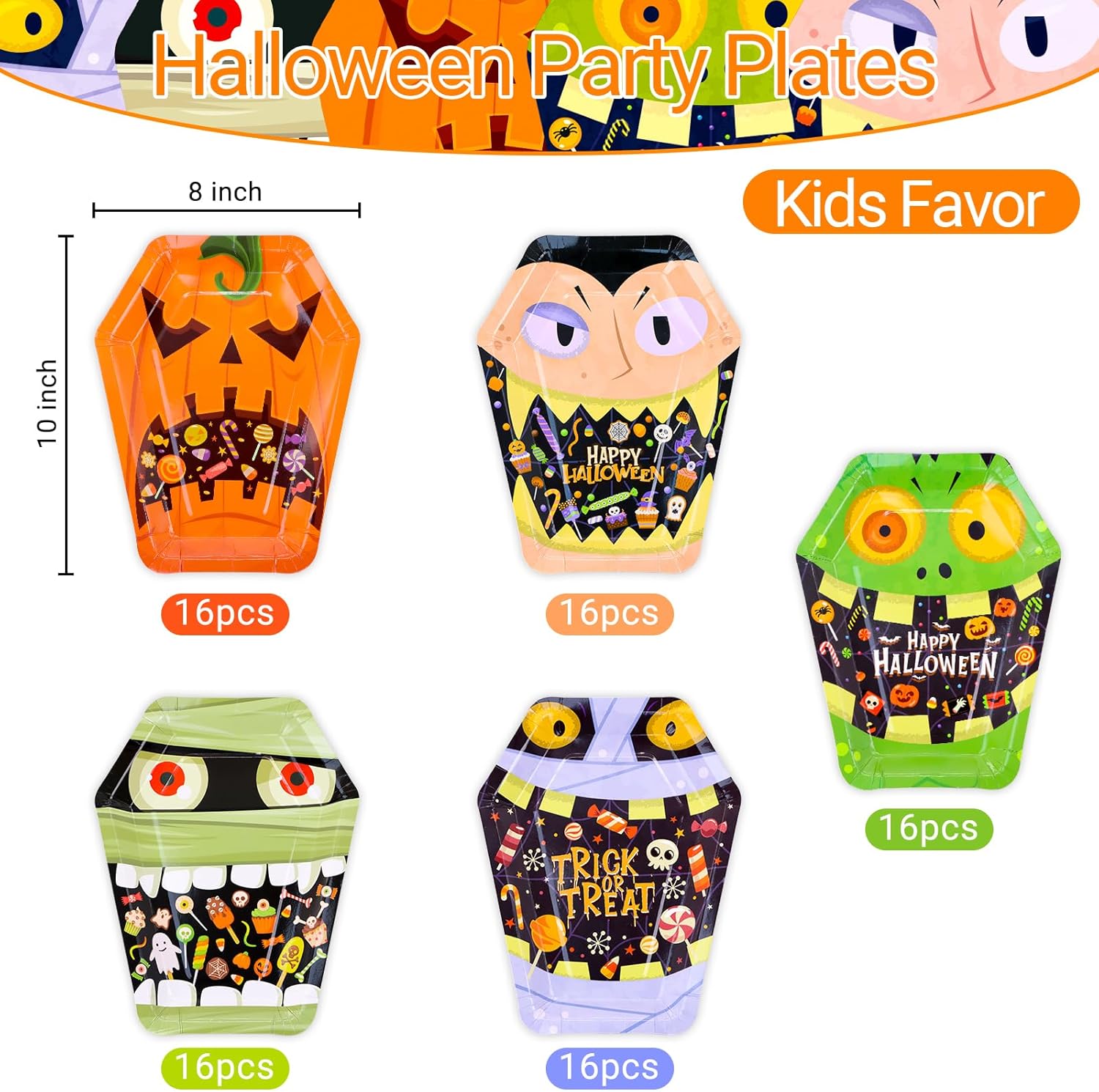 Platos de papel desechables de Halloween, 80 platos llanos de ataúd de 10 x 8 pulgadas, suministros de fiesta de comida de Halloween, 5 patines para