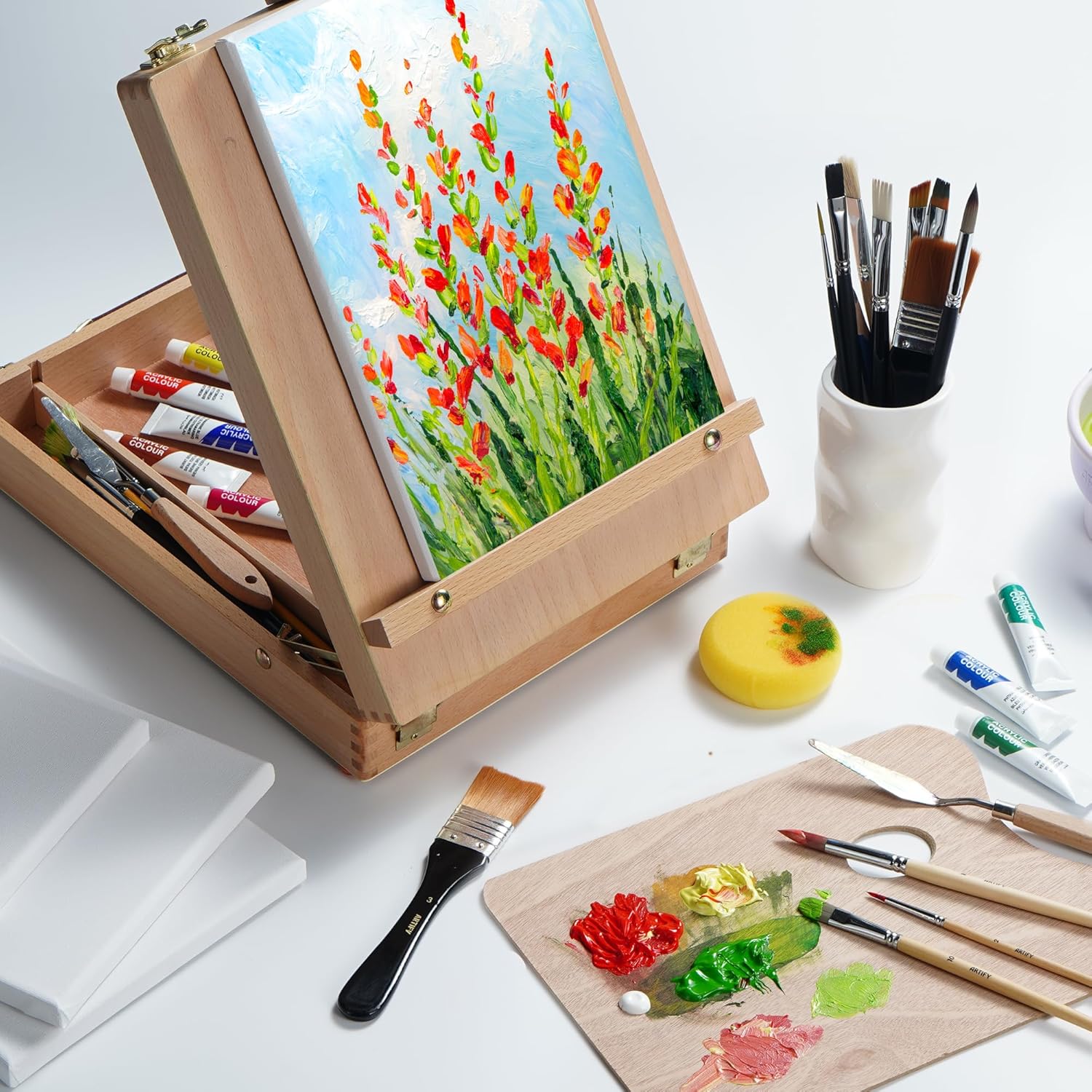 ARTIFY – Juego de caballete de caja de bocetos de mesa, caballete de artista de escritorio con pinturas acrílicas de 12 colores, 13 pinceles, 4