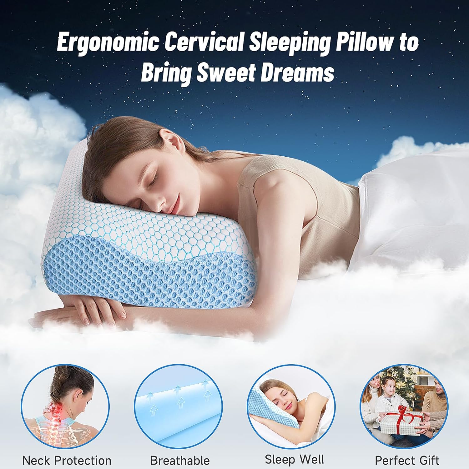 CloudBliss Almohada cervical ergonómica para dormir, almohada cervical cervical para aliviar el dolor de cuello, almohada de espuma viscoelástica