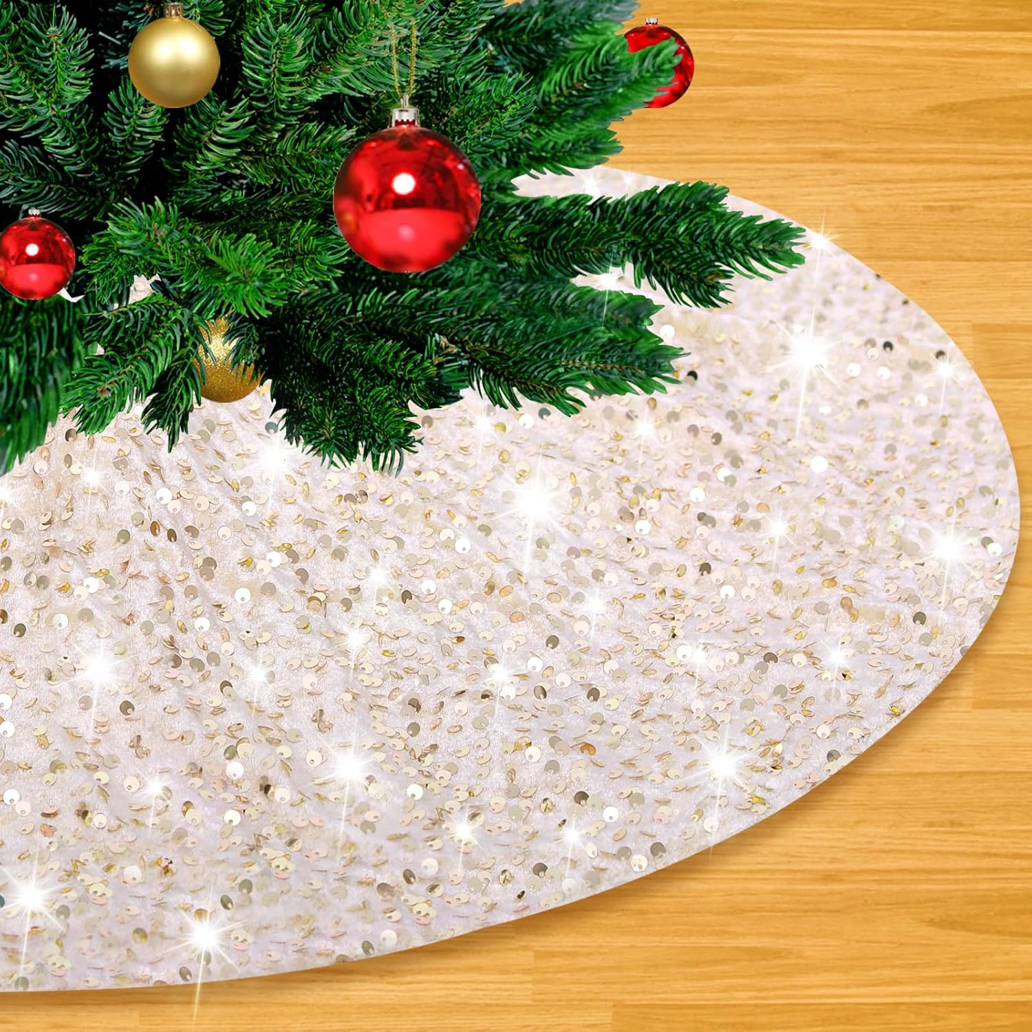Faldón de árbol de Navidad dorado champán de 36 pulgadas, decoración de Navidad, falda redonda de terciopelo con lentejuelas para árbol pequeño para