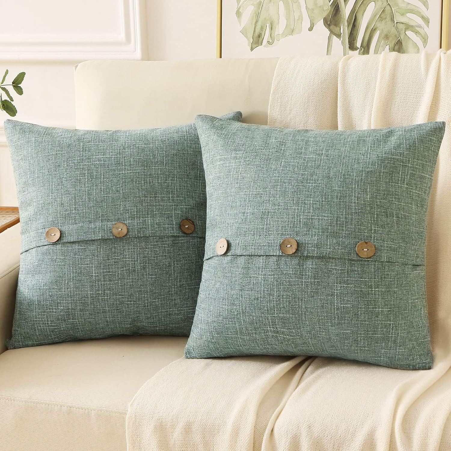 Juego de 2 fundas de almohada decorativas de lino verde salvia de 16 x 16 pulgadas, fundas cuadradas con 3 botones vintagecremallera oculta,