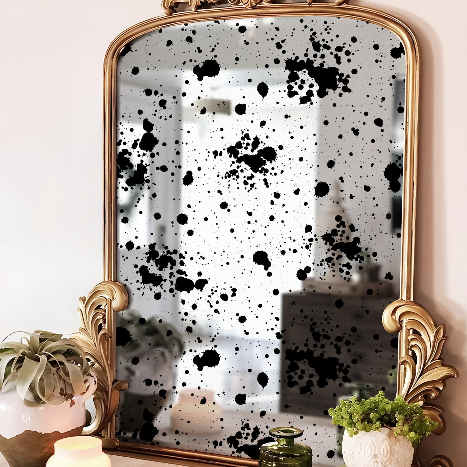 Papel tapiz vintage Foxed Silver Paint Spots estilo espejo antiguo, papel adhesivo grunge para pared, muebles, tocador, decoración del hogar, 22.83
