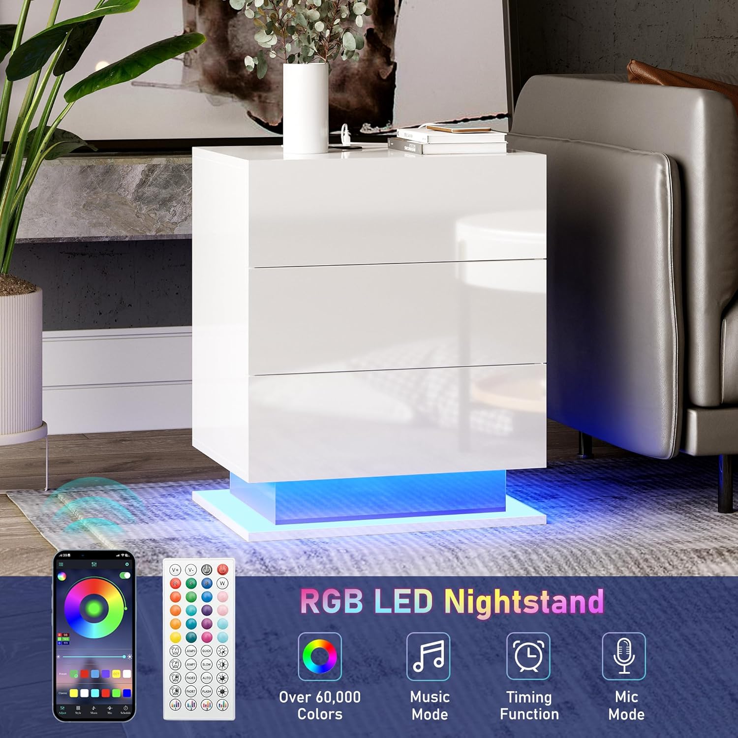 Juego de 2 mesitas de noche para dormitorio con luces LED y estación de carga inalámbrica, mesa auxiliar de 3 cajones para sala de estar con puertos