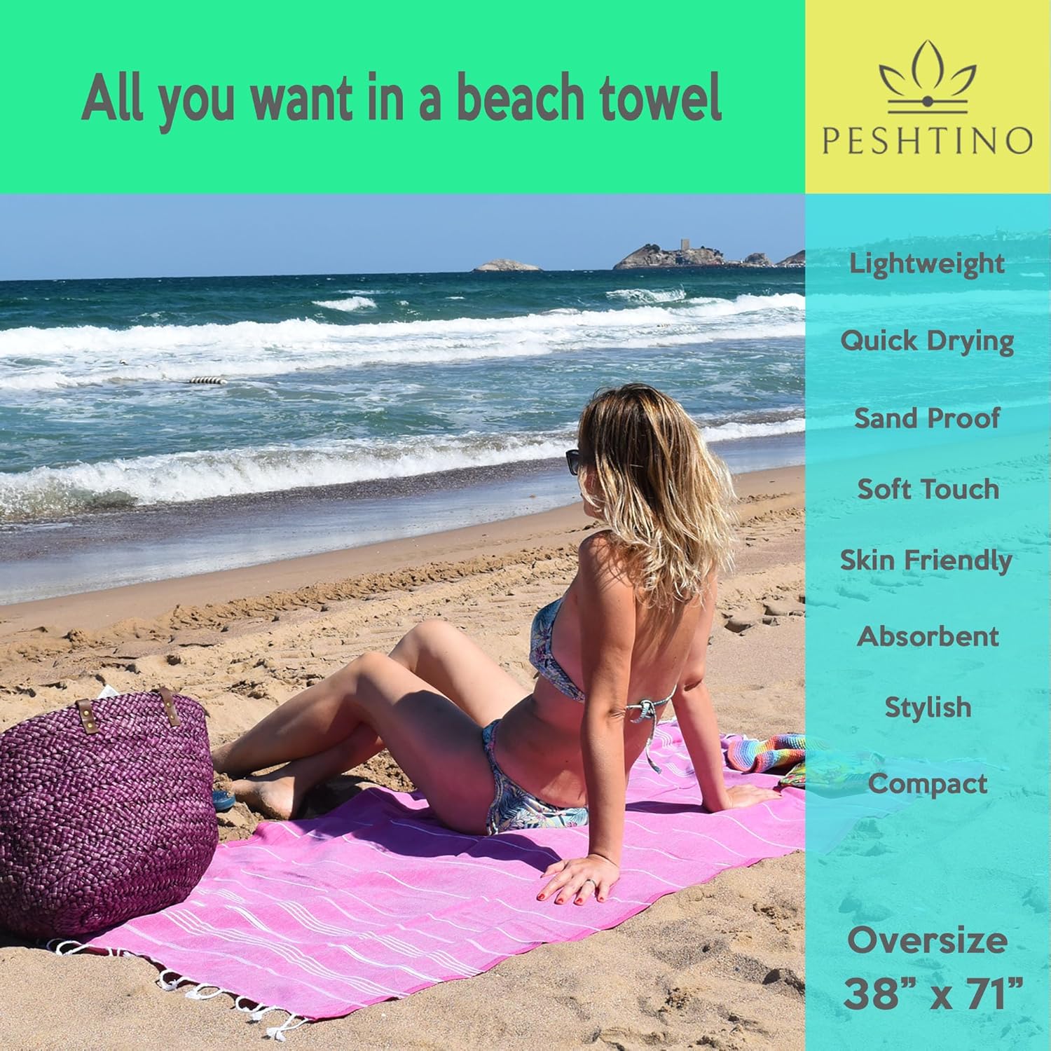 Toalla de playa turca, 100% algodón, 38 x 71 pulgadas, de secado rápido, delgada, ligera, suave, libre de arena, toallas compactas para playa,
