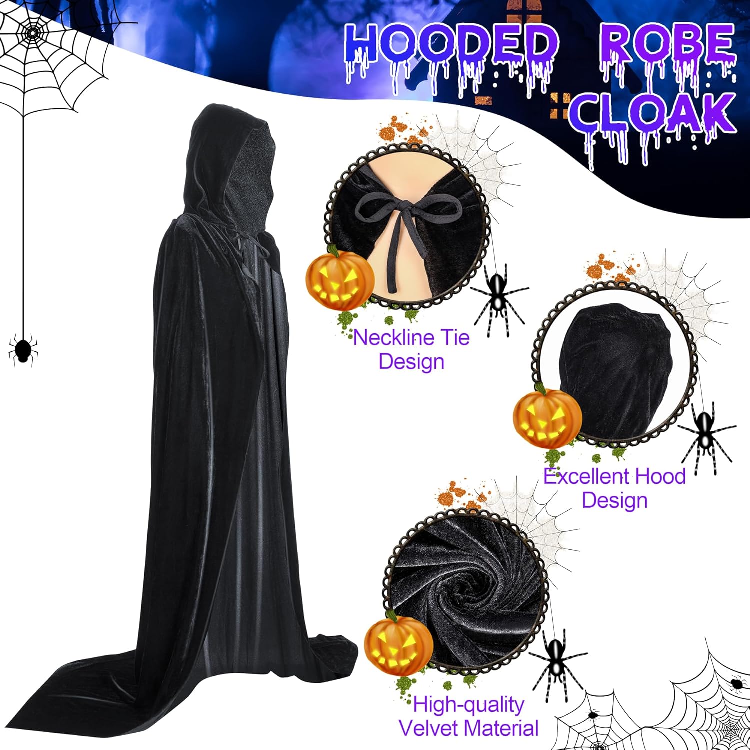 Enhon Conjunto de disfraz para Halloween, capa con capucha y sombrero de bruja, capa de terciopelo negro y sombrero de mago malvado para mujer,