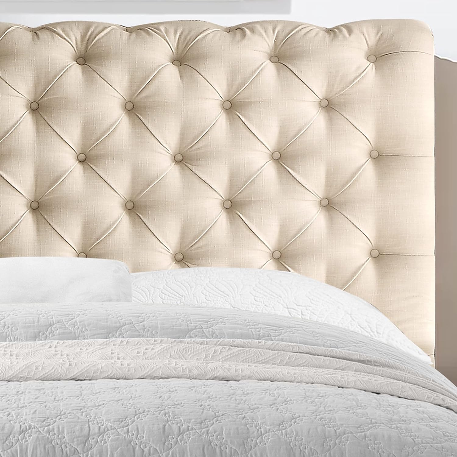 Rosevera Corrine – Base de cama tapizada con cabecero acolchado con botones, cabecera ajustable, cabecera enrollada, soporte de listones de madera,