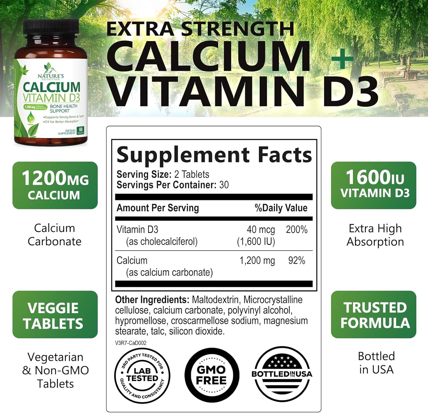 Suplemento de calcio con vitamina D  1200 mg de carbonato de calcio con 1600 UI de vitaminas D3  Apoya la fuerza ósea, los dientes y el sistema