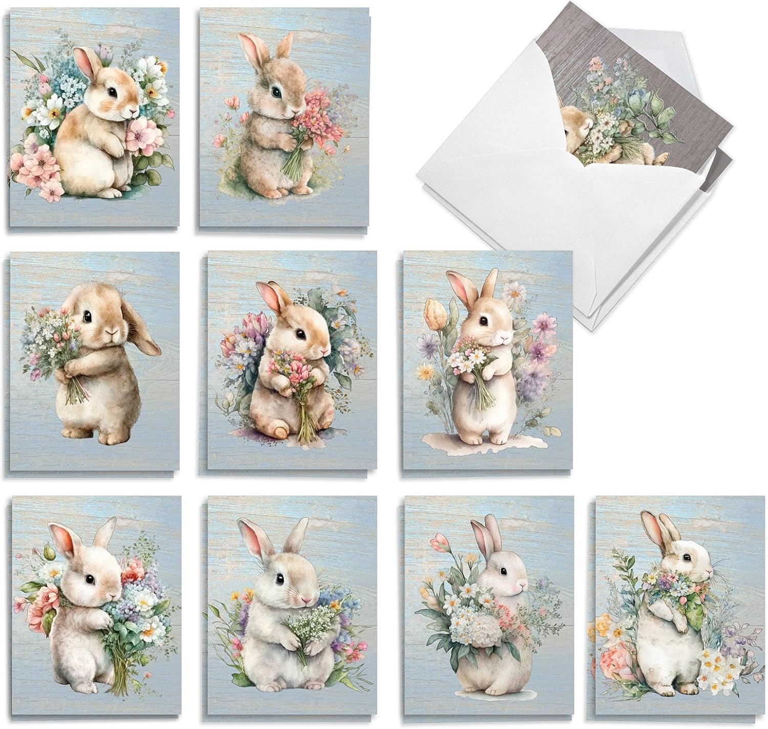 The Best Card Company Juego de 20 tarjetas de Pascua surtidas de 4 x 5.12 pulgadas con sobres (10 diseños, 2 de cada uno) conejitos con flores