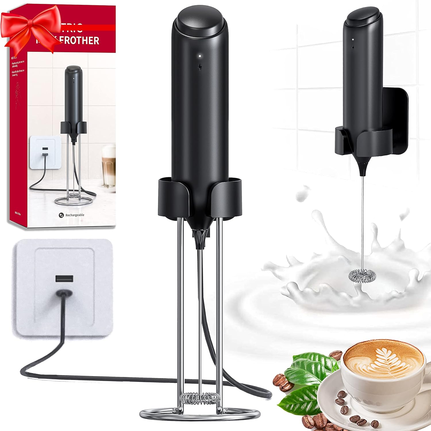 Espumador de leche recargable de mano, espumador de café AdanZst de mano con soporte de carga USB, mezclador eléctrico de mano, mini batidor