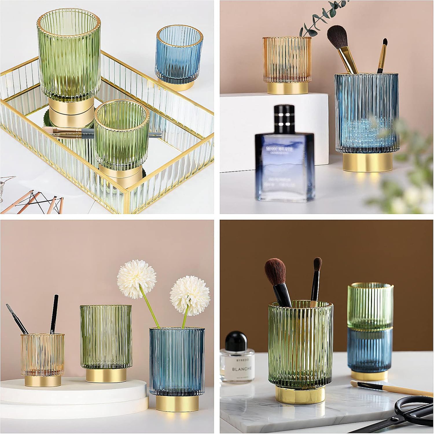 DASITON Organizador de brochas de maquillaje, cepillo de maquillaje cosmético de cristal, soporte de almacenamiento de pinceles de vidrio, soporte
