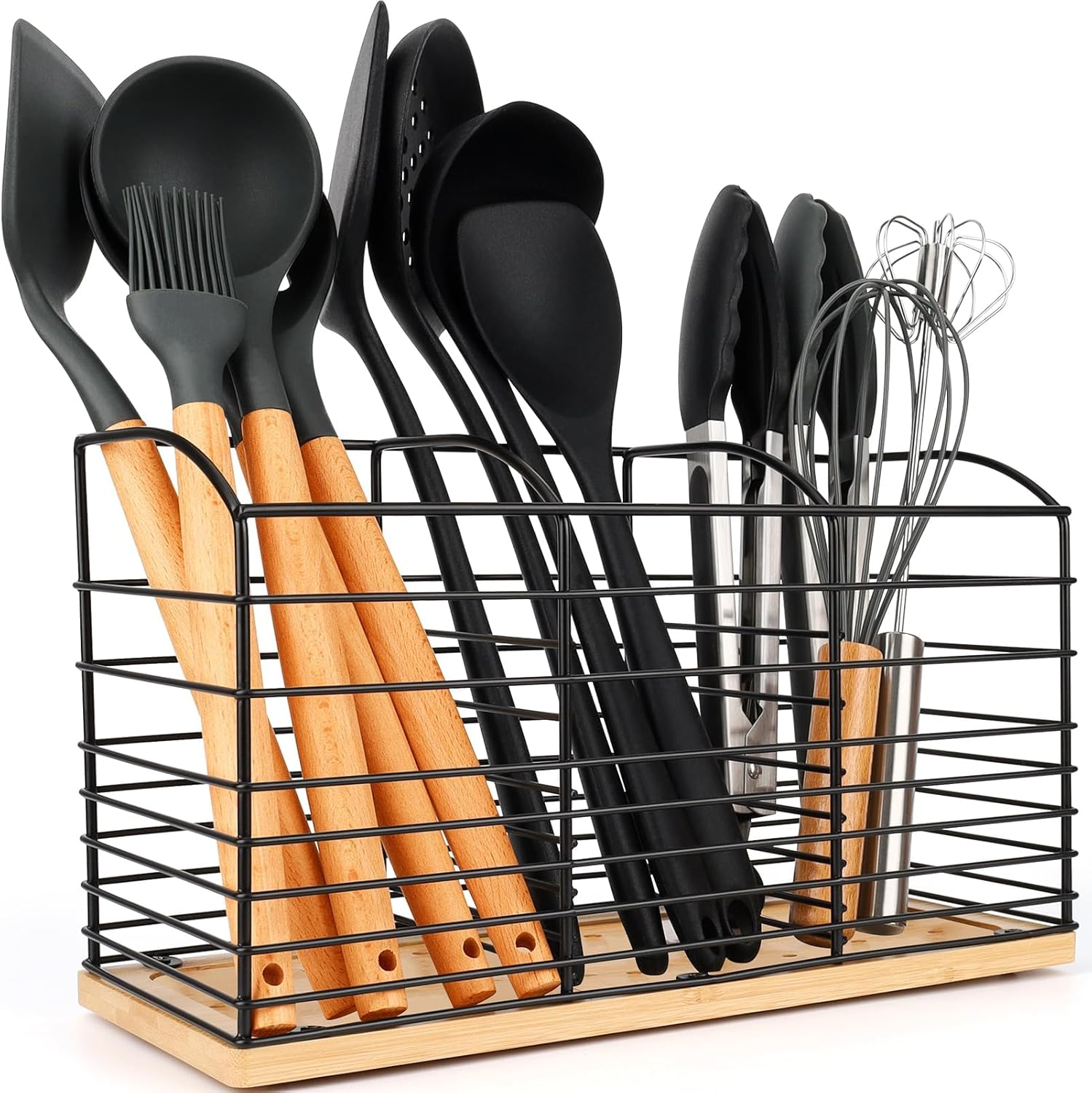 Soporte grande para utensilios para encimera de cocina, diseño estético de 11.8 x 6.7 x 4.7 pulgadas, 3 compartimentos, organizador de utensilios de