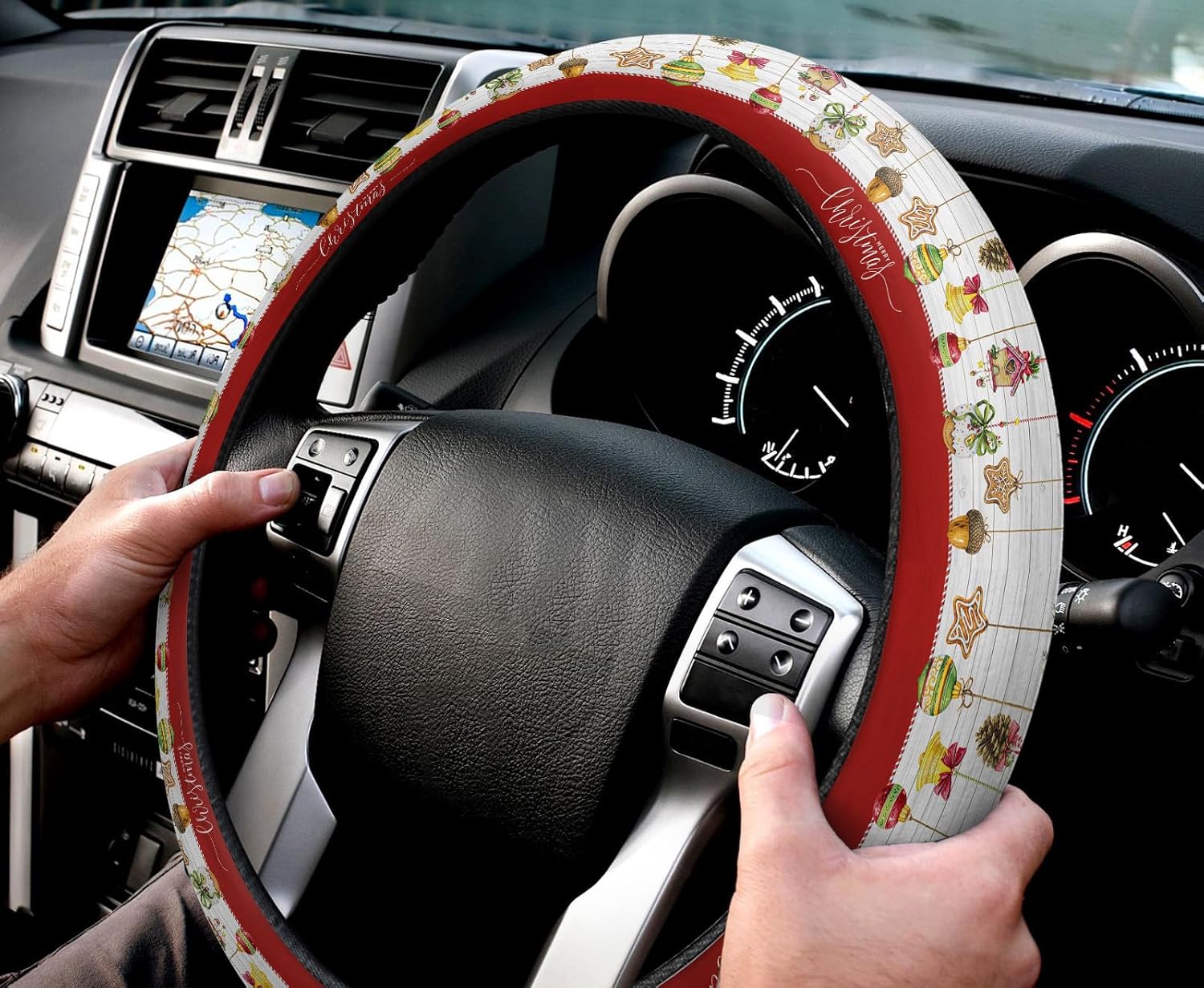 Funda para volante de automóvil, bolas de Navidad, hojas de bayas, de madera blanca, retro, elástica, esponja, volante, funda protectora para