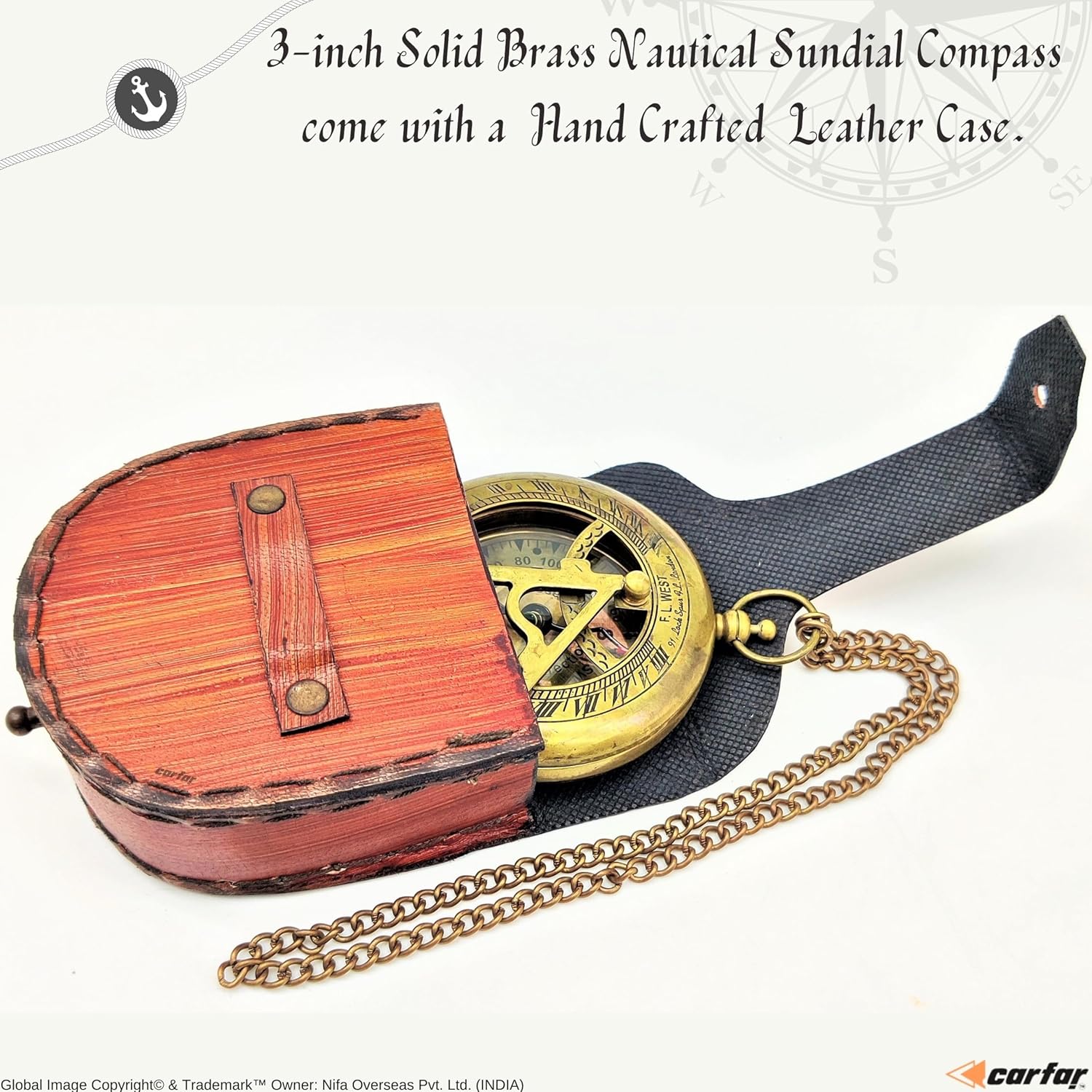 Carfar Brújula náutica reloj de sol hecho a mano latón macizo estilo vintage reloj de sol Push Open Navigational Marine Brújula con estuche de cuero