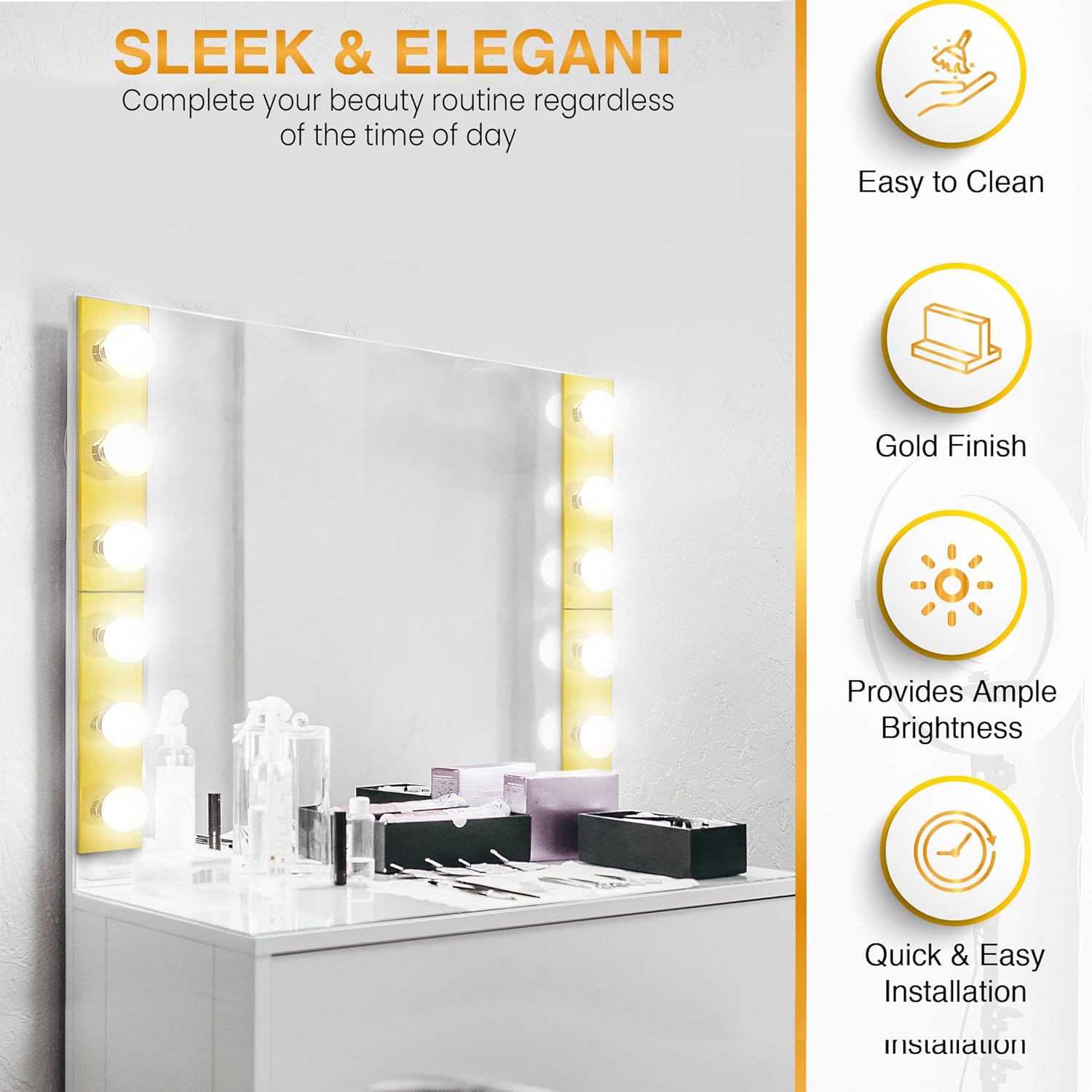 DYSMIO Lighting – Tira de tres luces para tocador de estilo Hollywood con placas doradas, accesorios de calidad de salón para dormitorio, baño,
