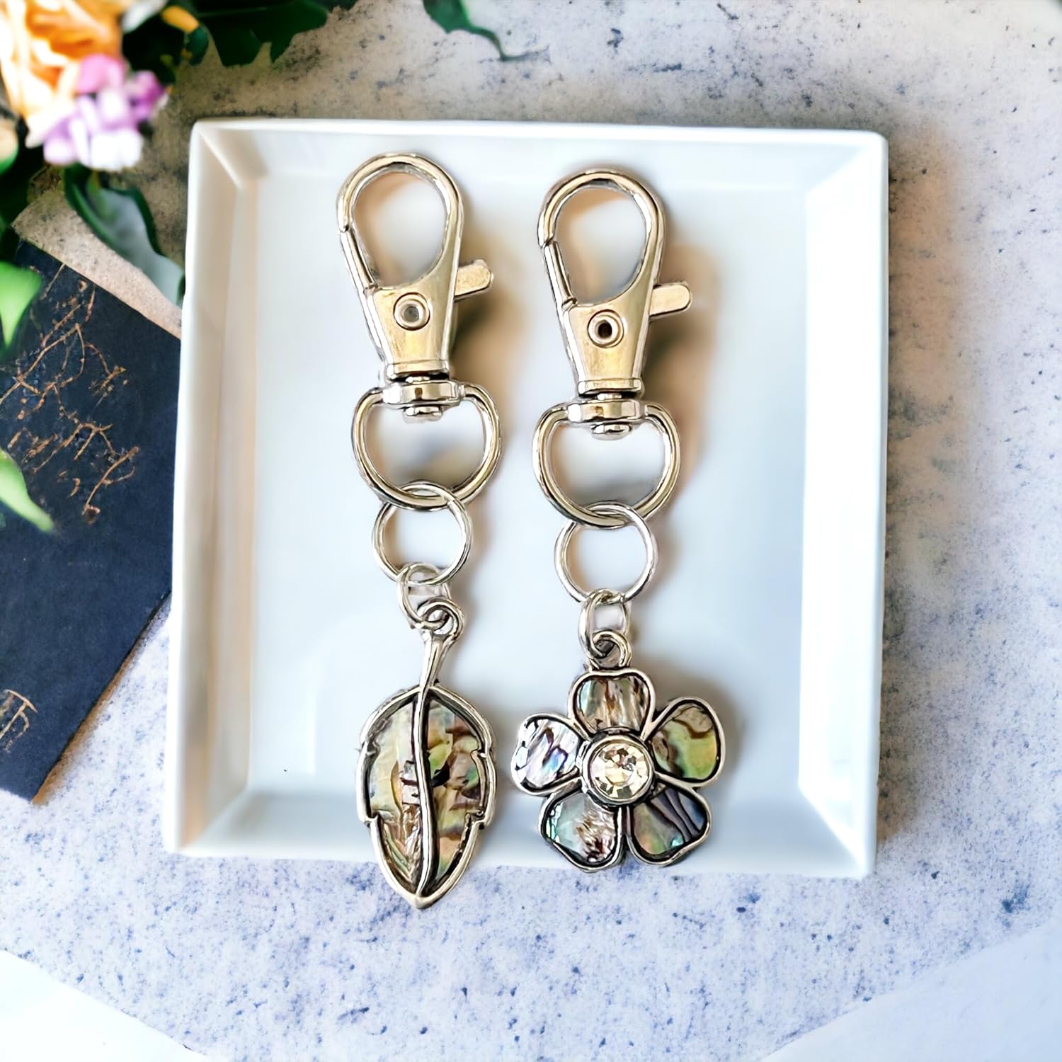 Silver Flower & Leaf Purse Charms, Abalone Shell Handbag Jewelry, Floral Fall Zipper Pulls, Cool Keychain, Backpack Charms, Nature Gift Sets