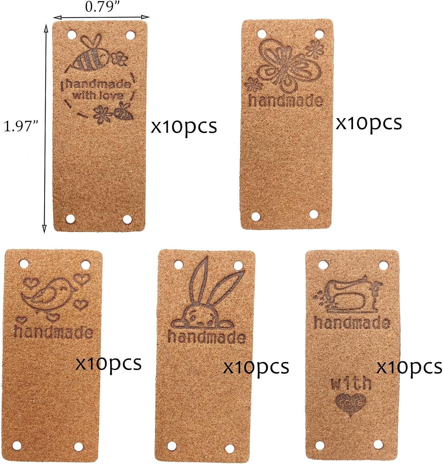 Gewene 50 etiquetas de piel sintética hechas a mano, etiquetas hechas a mano, botones con agujeros en relieve, adorno de punto para jeans, bolsas,