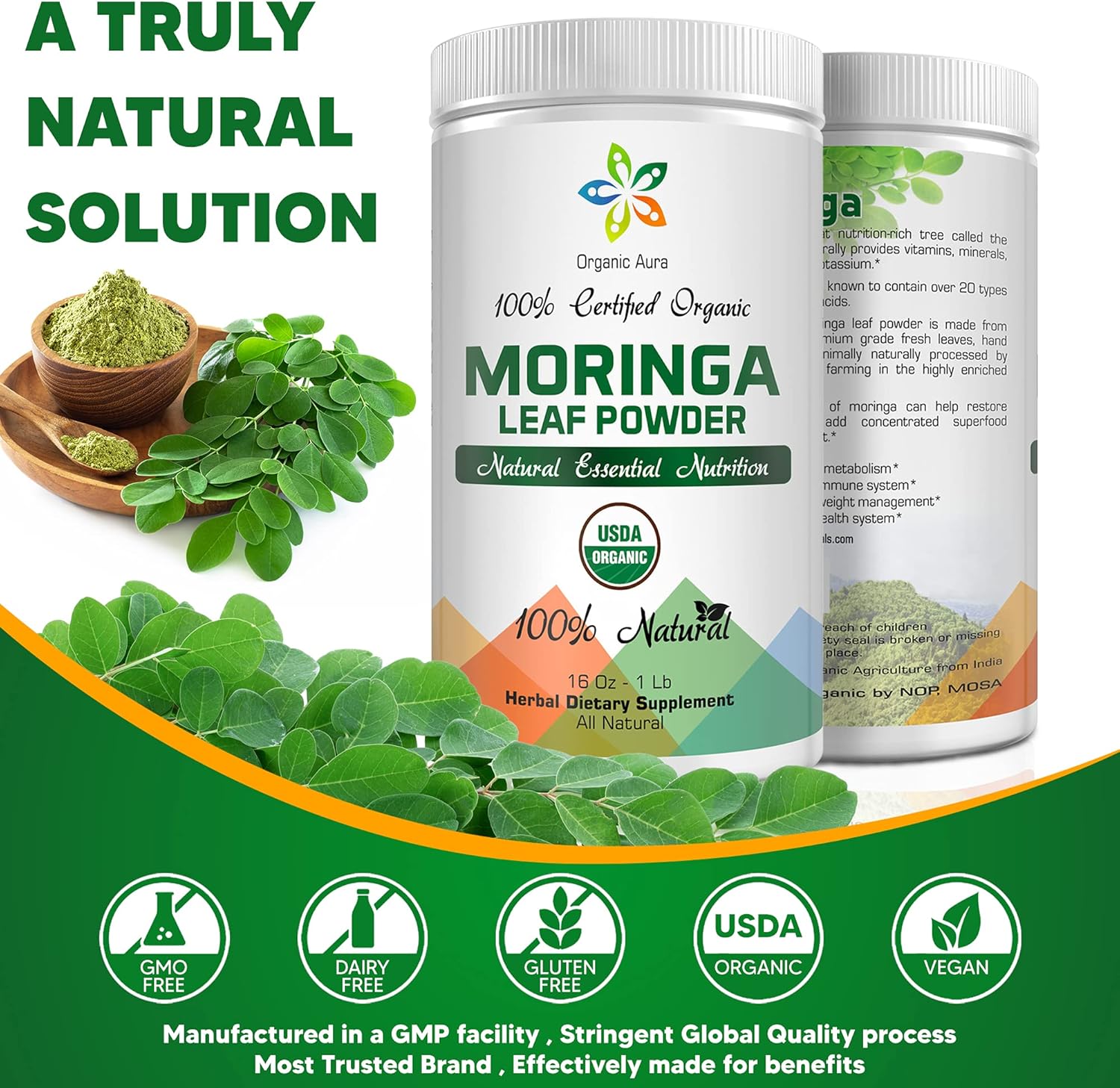 Polvo de hoja de moringa orgánica certificada, 8 onzas. Certificado orgánico por USDA. Aumenta naturalmente la energía, el metabolismo y la