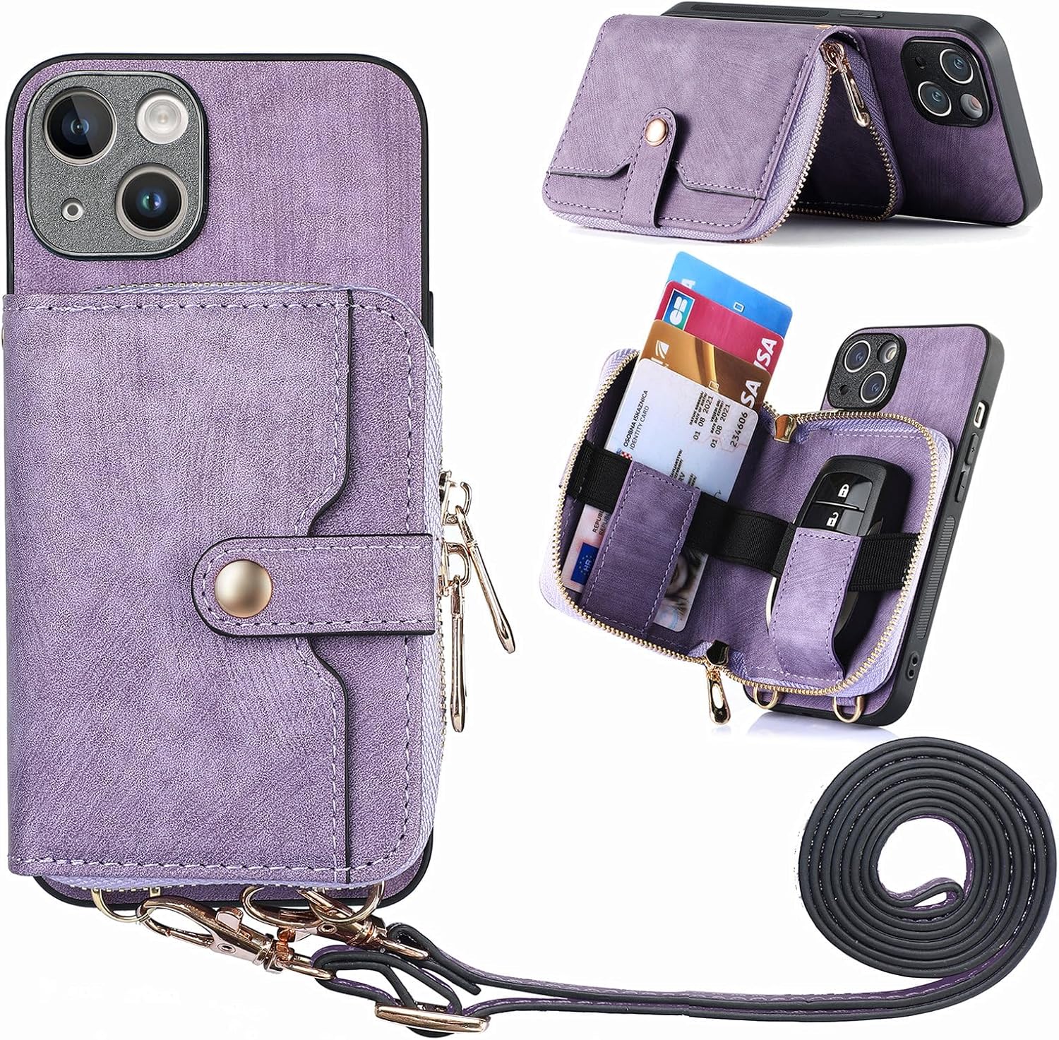 Asuwish Funda de teléfono para iPhone 13 de 6.1 pulgadas con cremallera y ranura para tarjeta de crédito, correa cruzada para el hombro, cordón