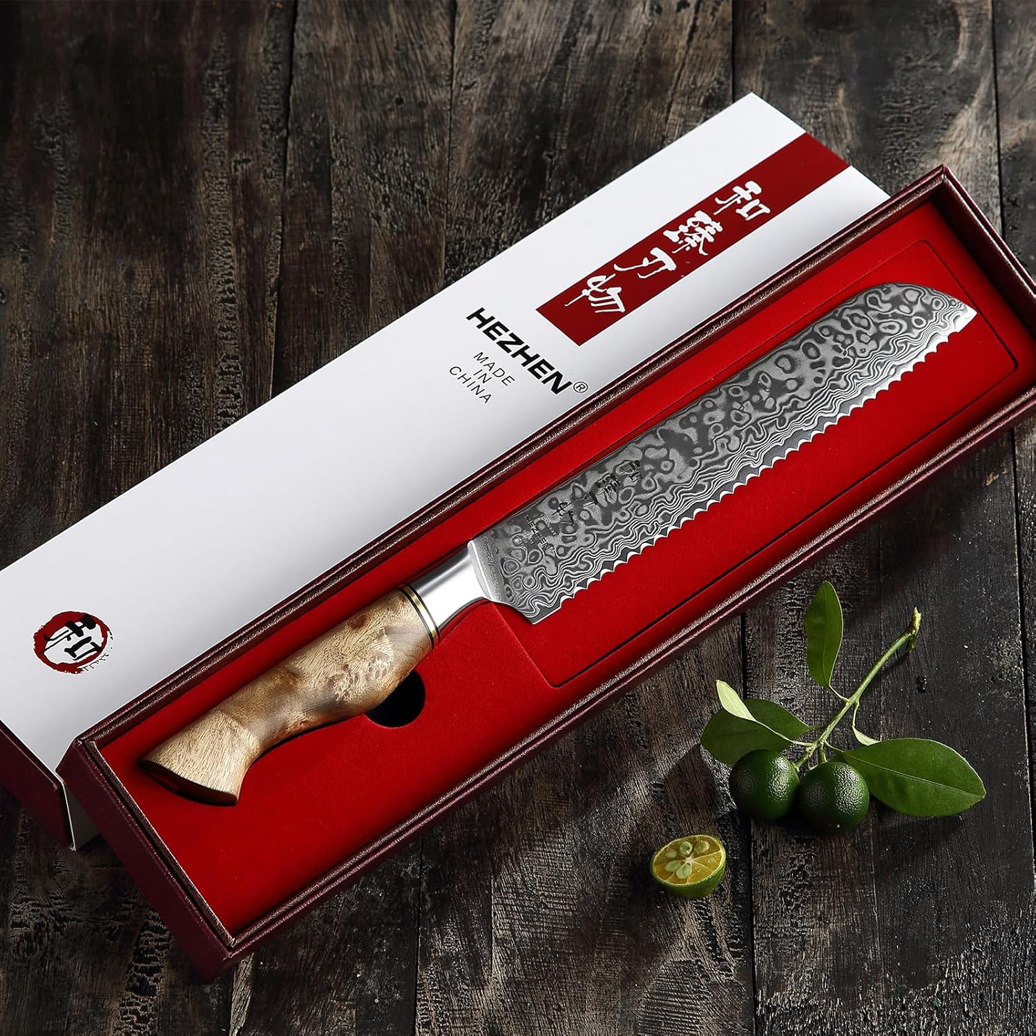 HEZHEN Cuchillo de pan dentado de 8.3 pulgadas, cuchillo de acero de Damasco, cuchillo de cocina de acero de alto carbono, mango de madera y caja de
