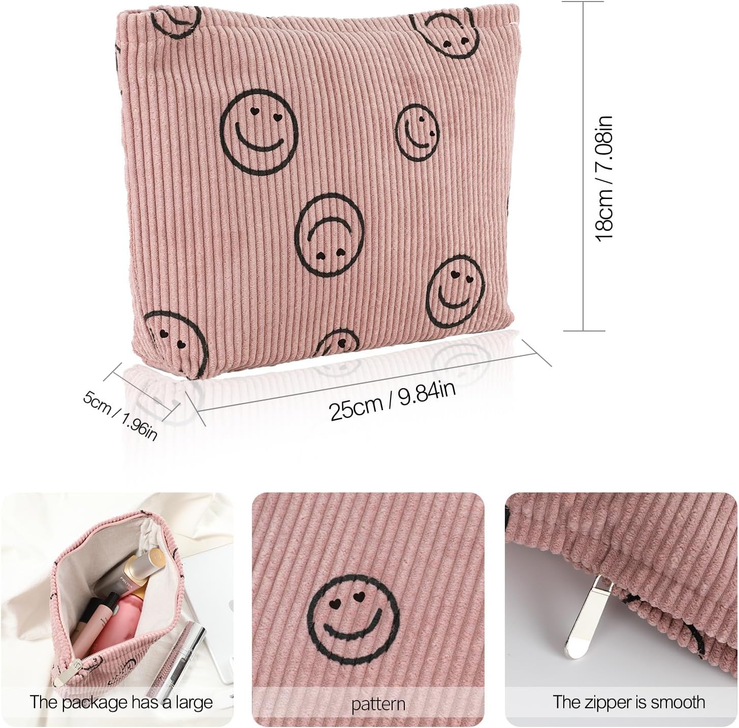 Wudimeitt Bolsa de cosméticos Bolsa de maquillaje Preppy Cute Corduroy Neceser para mujeres esenciales de viaje, Púrpura, Cara de moda