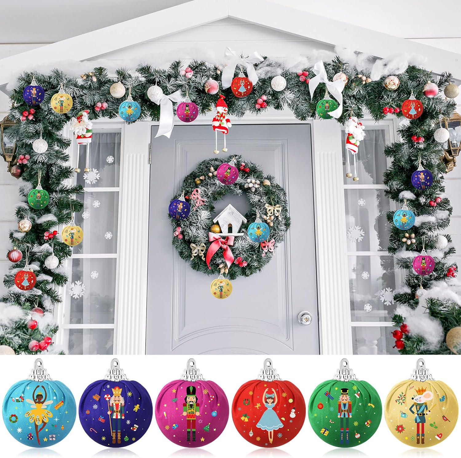 12 piezas de adornos de bola de cascanueces de Navidad, diseño de cascanueces, adorno de bola colgante de tela envuelta, juego de bolas de Navidad